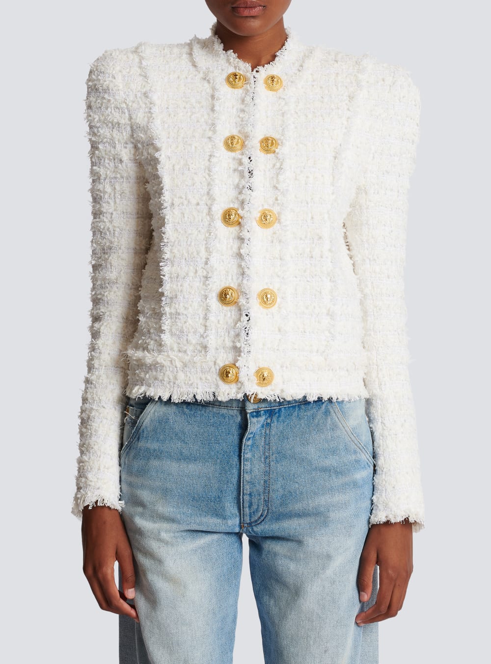 Women's Balmain Fringed Tweed Jackets White | USA 16tLiCA6