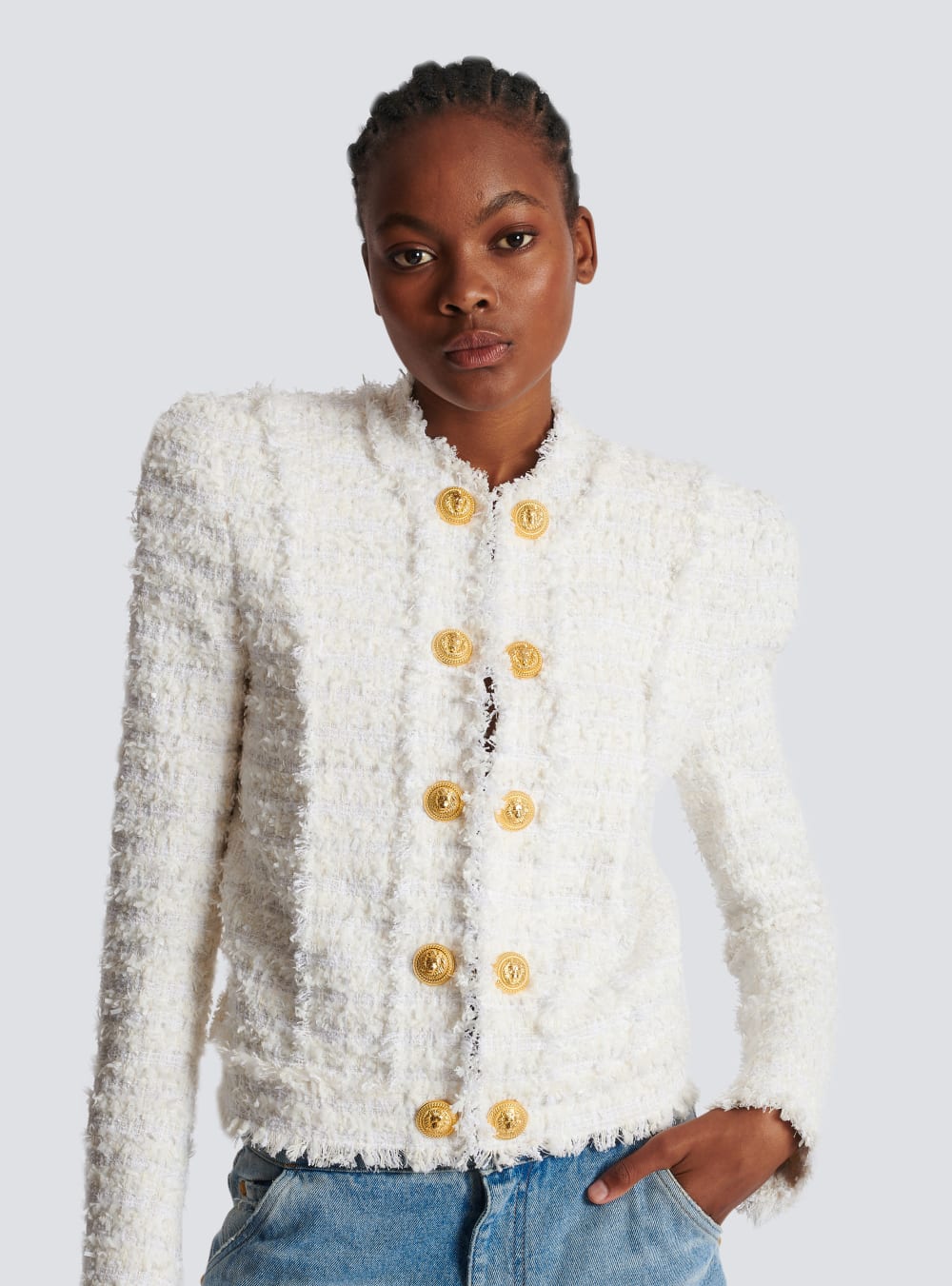 Women's Balmain Fringed Tweed Jackets White | USA 16tLiCA6