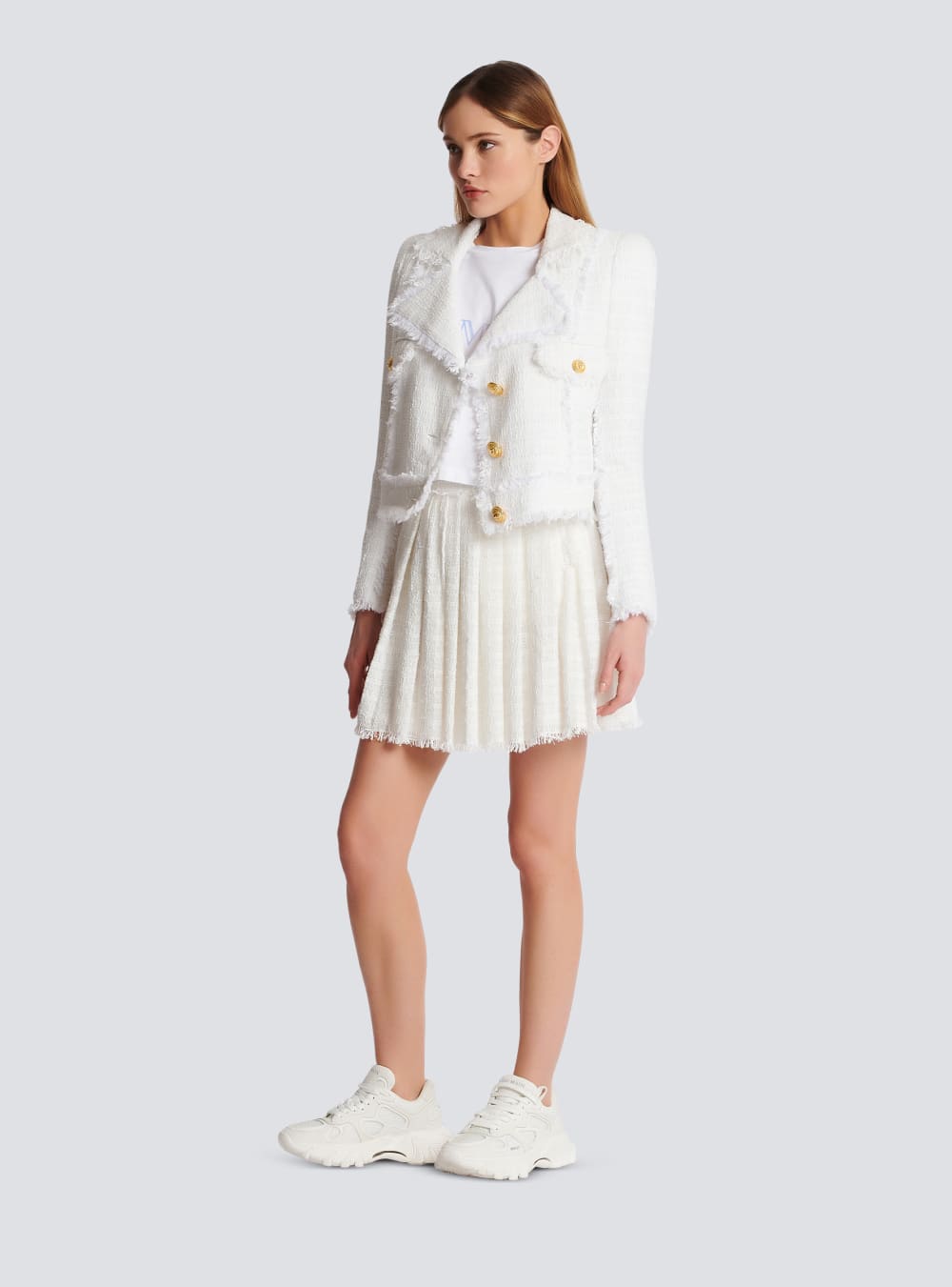 Women's Balmain Fringed Tweed Skater Skirts White | USA BN77sbc4