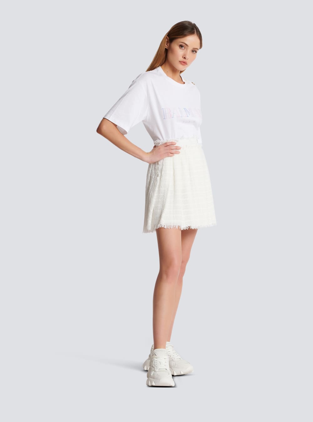 Women's Balmain Fringed Tweed Skater Skirts White | USA BN77sbc4