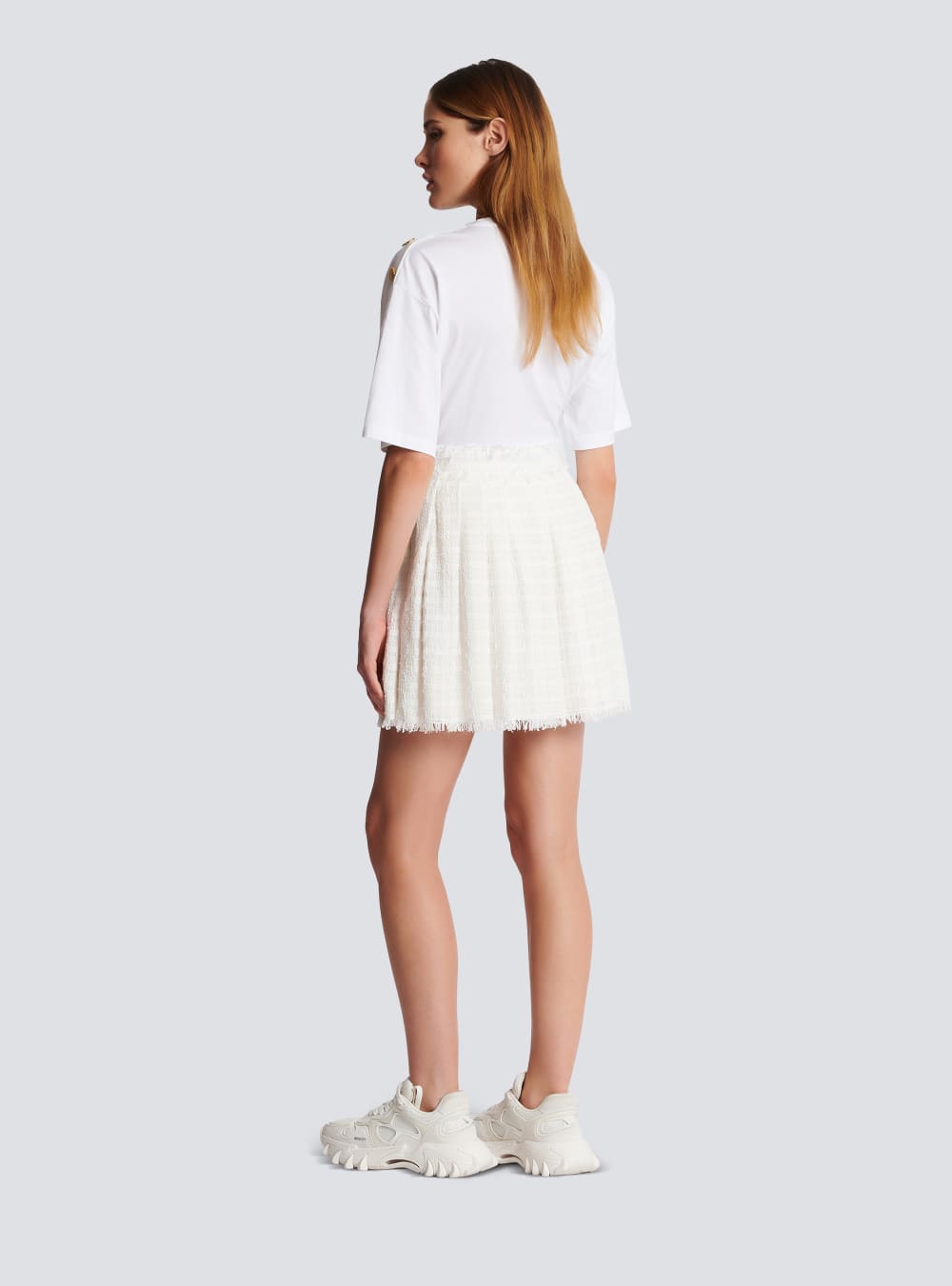 Women's Balmain Fringed Tweed Skater Skirts White | USA BN77sbc4