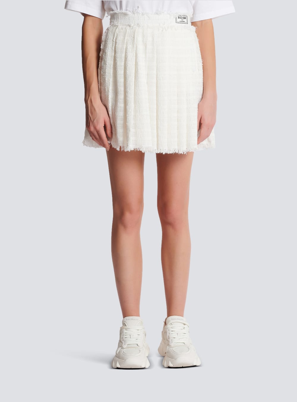 Women's Balmain Fringed Tweed Skater Skirts White | USA BN77sbc4