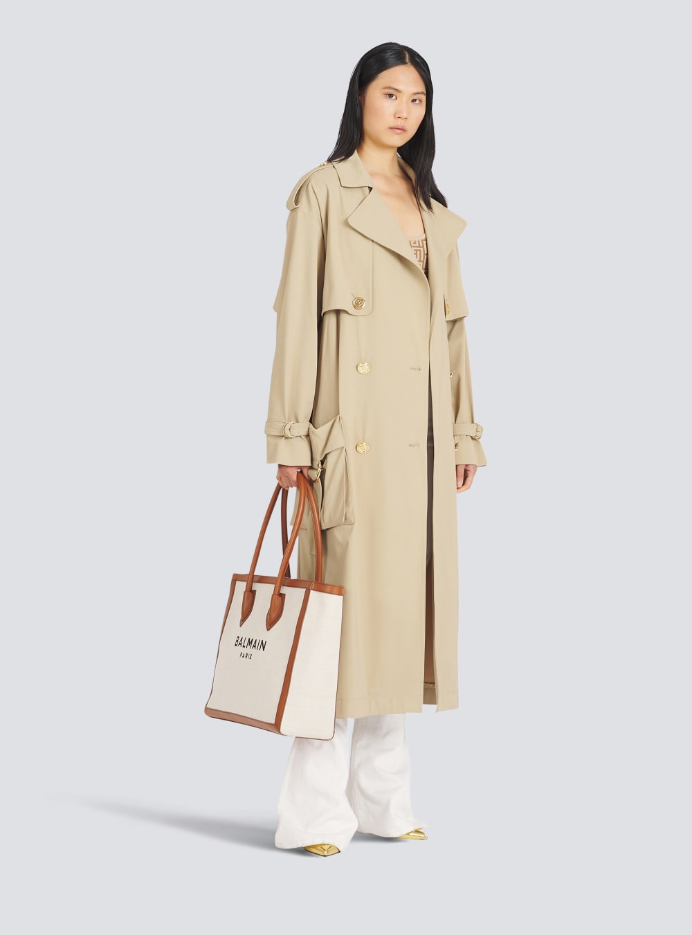 Women's Balmain Gabardine Trench Jackets Beige | USA UtQW0gWm