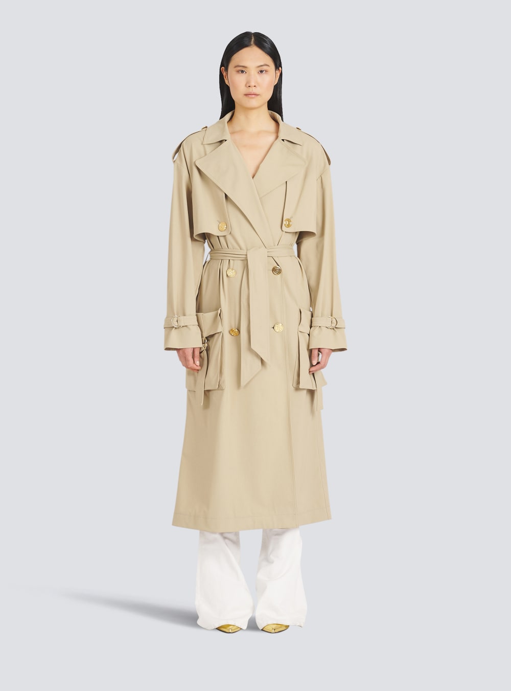 Women's Balmain Gabardine Trench Jackets Beige | USA UtQW0gWm