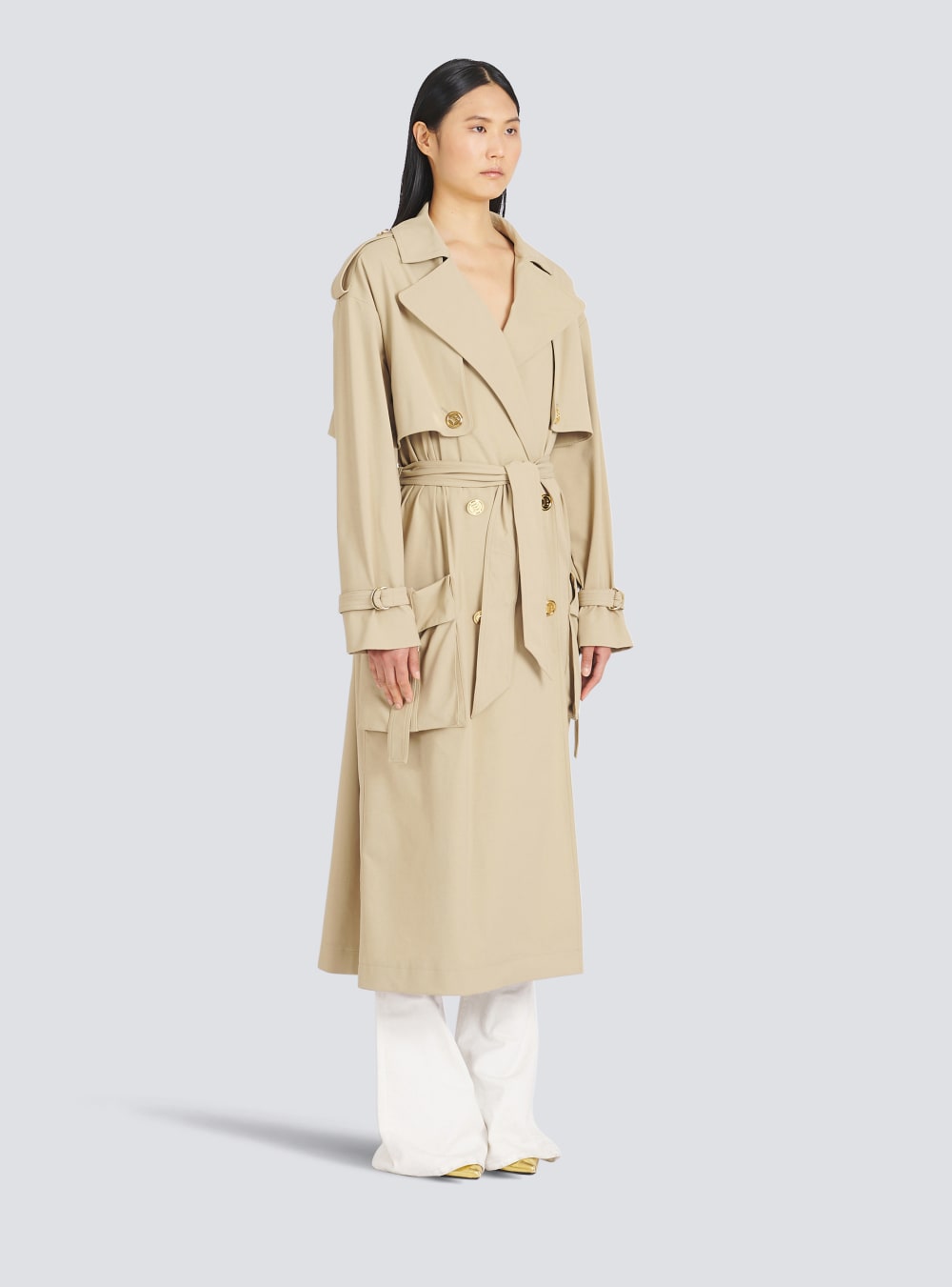 Women's Balmain Gabardine Trench Jackets Beige | USA UtQW0gWm