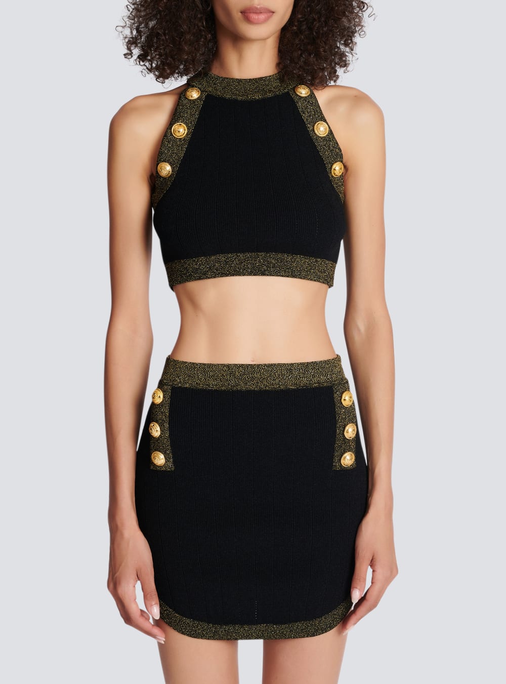 Women's Balmain Gold-trimmed Knit Crop Tops Black | USA X1XCz78c