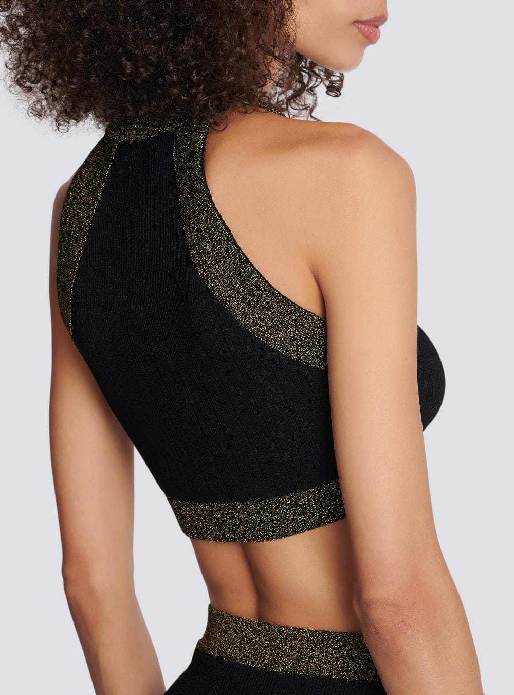 Women's Balmain Gold-trimmed Knit Crop Tops Black | USA X1XCz78c