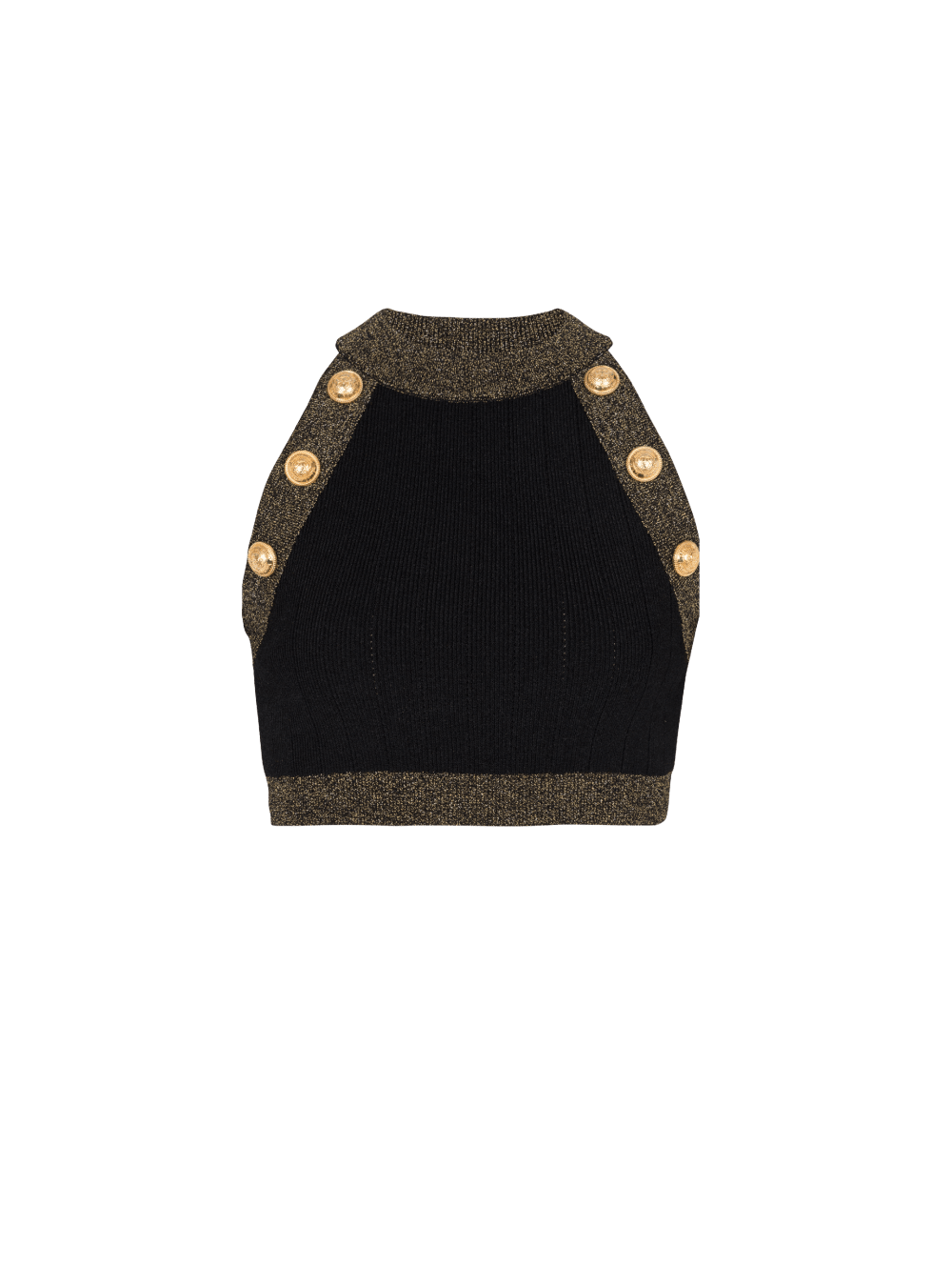 Women\'s Balmain Gold-trimmed Knit Crop Tops Black | USA X1XCz78c