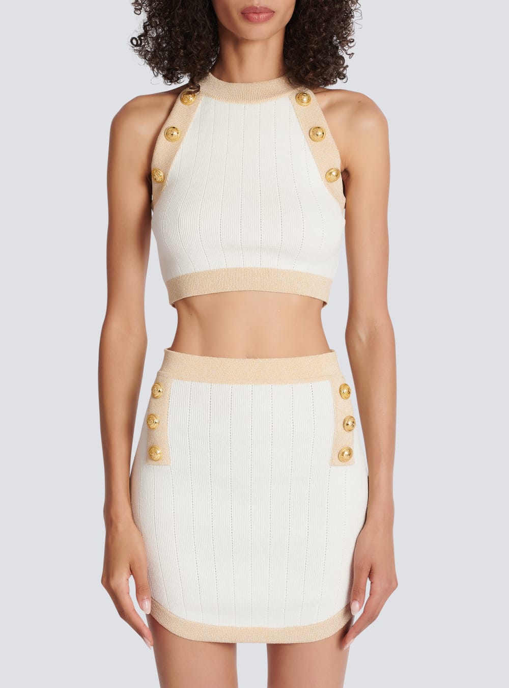 Women's Balmain Gold-trimmed Knit Crop Tops White | USA b0ozO9gA