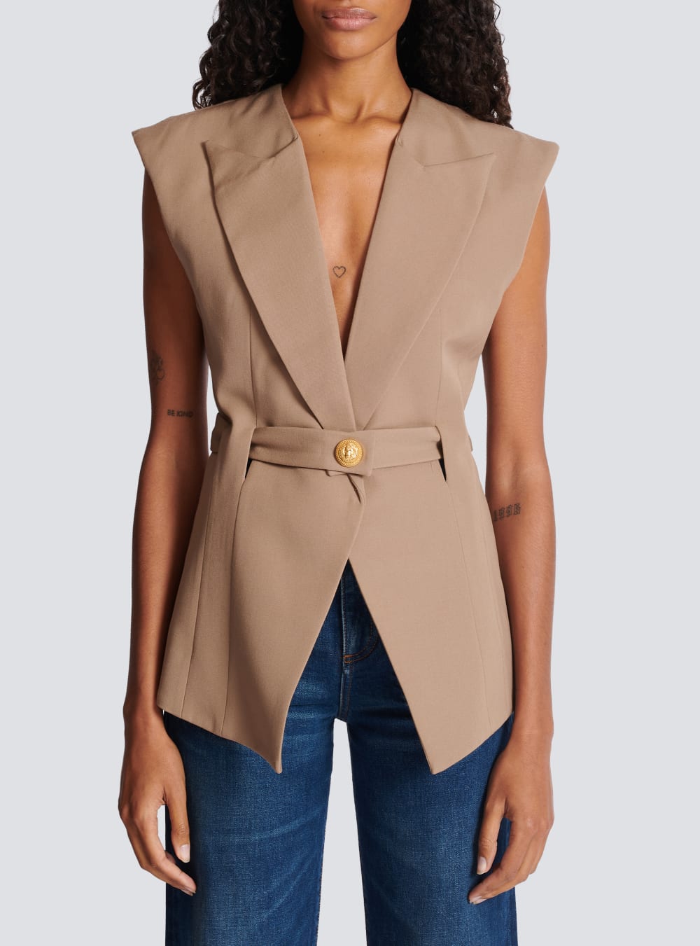 Women's Balmain Grain Of Powder Sleeveless Jackets Beige | USA n6eWRV7e