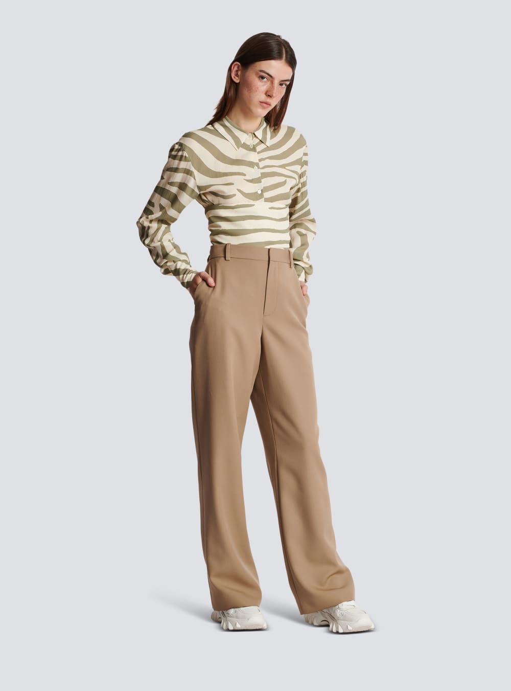 Women's Balmain Grain Of Powder Wide-leg Trousers Beige | USA nnpL1WwB