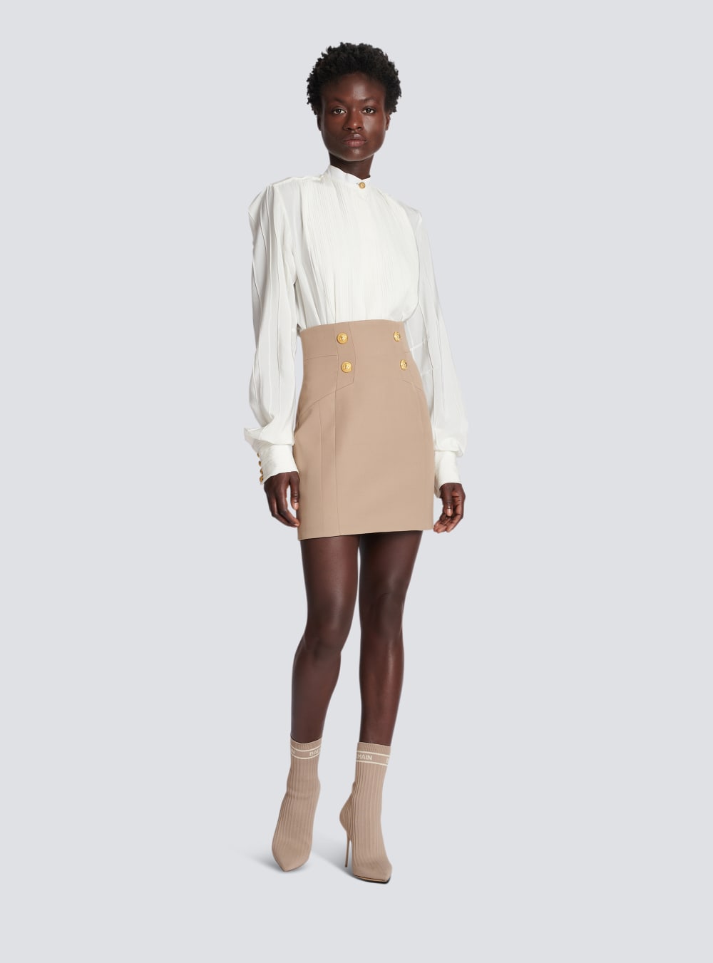 Women's Balmain Grain Of Powder Wool Pencil Skirts Beige | USA CjDLLyO3