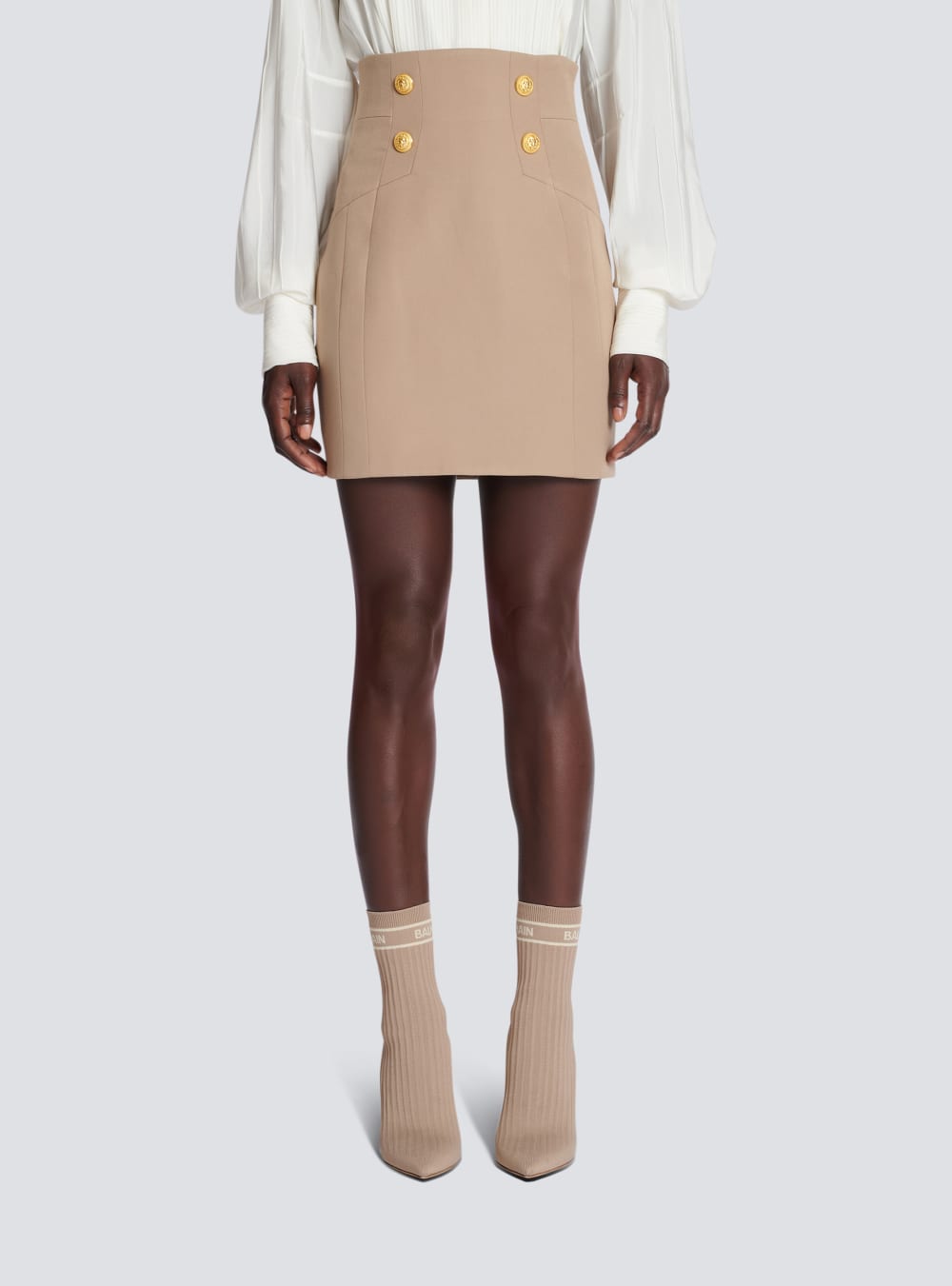 Women's Balmain Grain Of Powder Wool Pencil Skirts Beige | USA CjDLLyO3