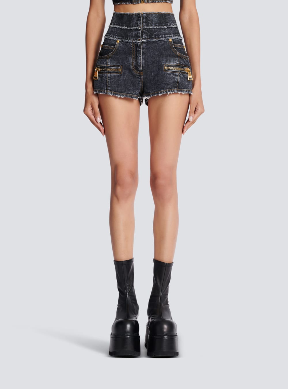 Women's Balmain High-waisted Faded Denim Mini-shorts Shorts Black | USA j8viDTm0