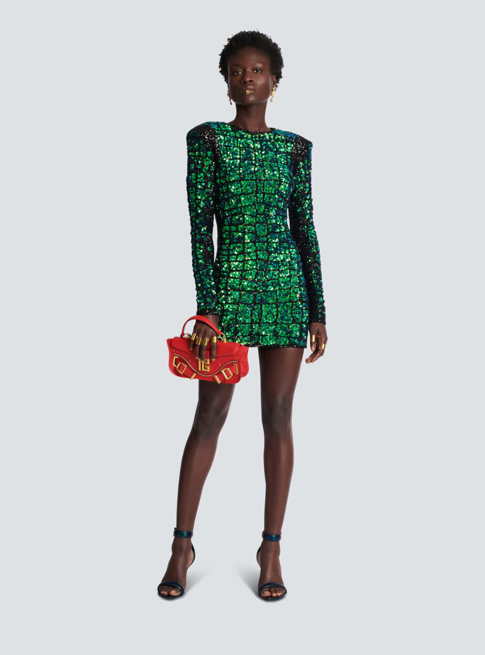 Women's Balmain Iridescent Crocodile Effect Embroidered Dress Green | USA WeSaIUrg