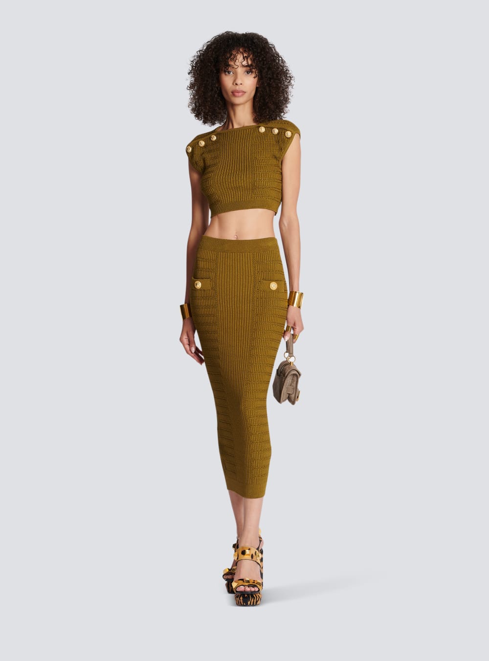 Women's Balmain Knit Crop Tops Khaki | USA WuKaRYGA