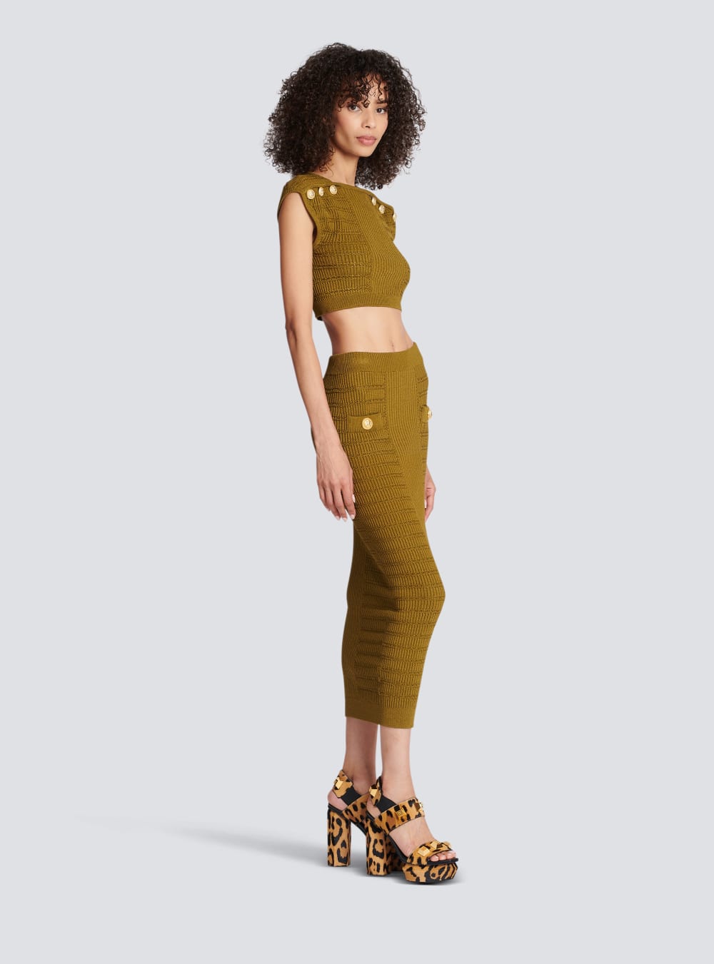 Women's Balmain Knit Crop Tops Khaki | USA WuKaRYGA