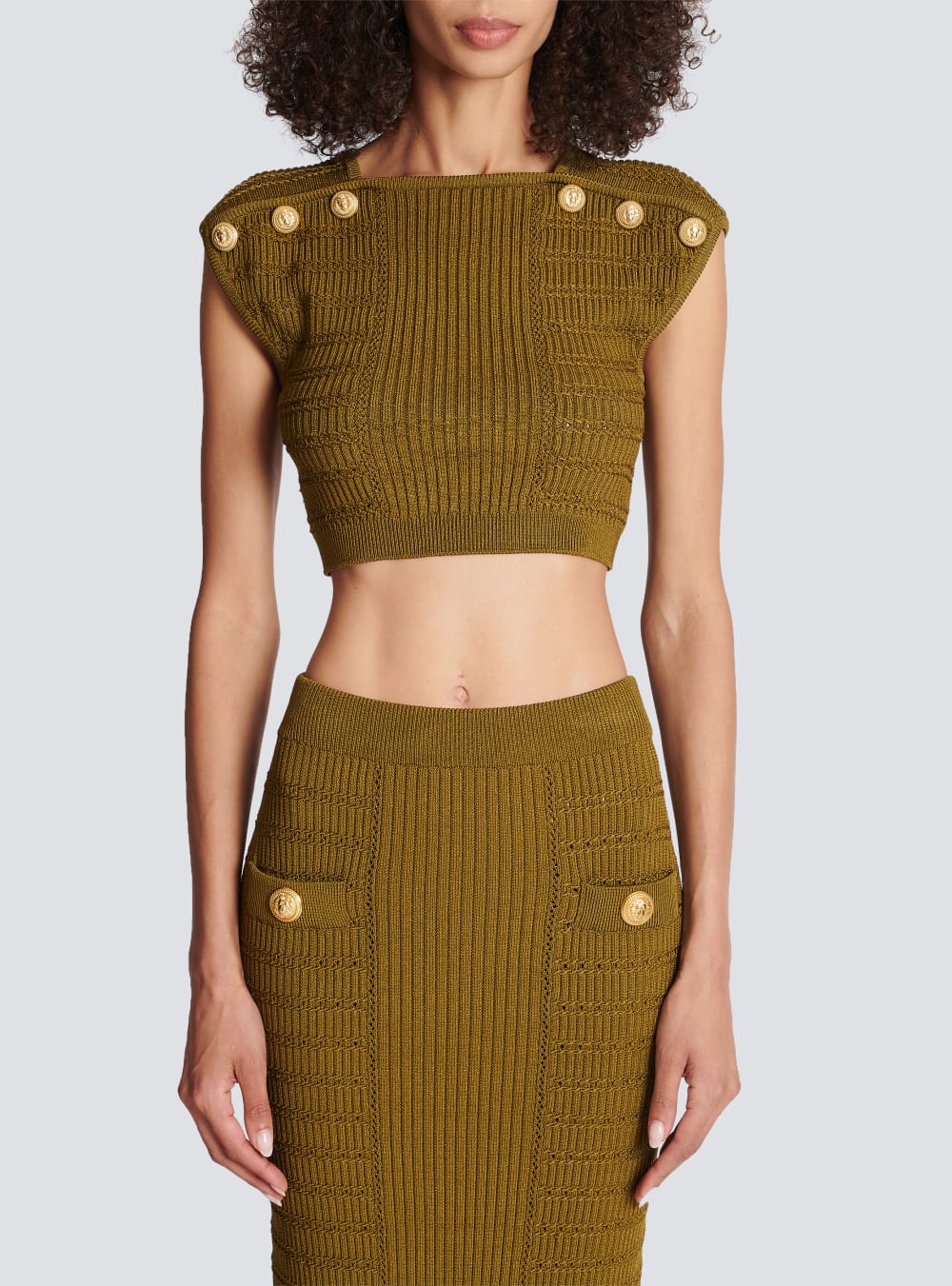 Women's Balmain Knit Crop Tops Khaki | USA WuKaRYGA