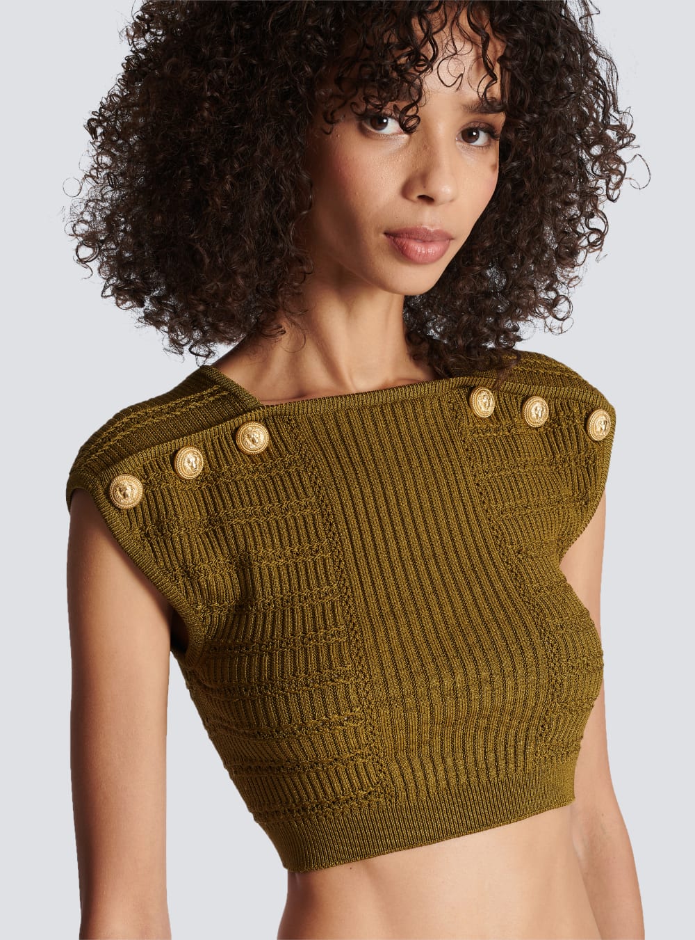 Women's Balmain Knit Crop Tops Khaki | USA WuKaRYGA