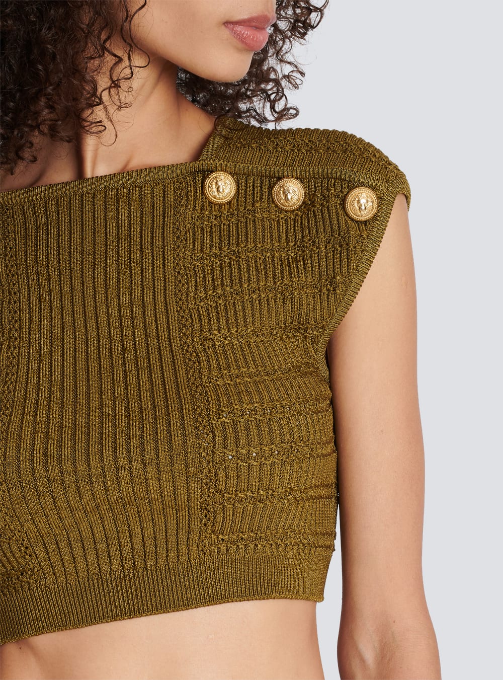 Women's Balmain Knit Crop Tops Khaki | USA WuKaRYGA