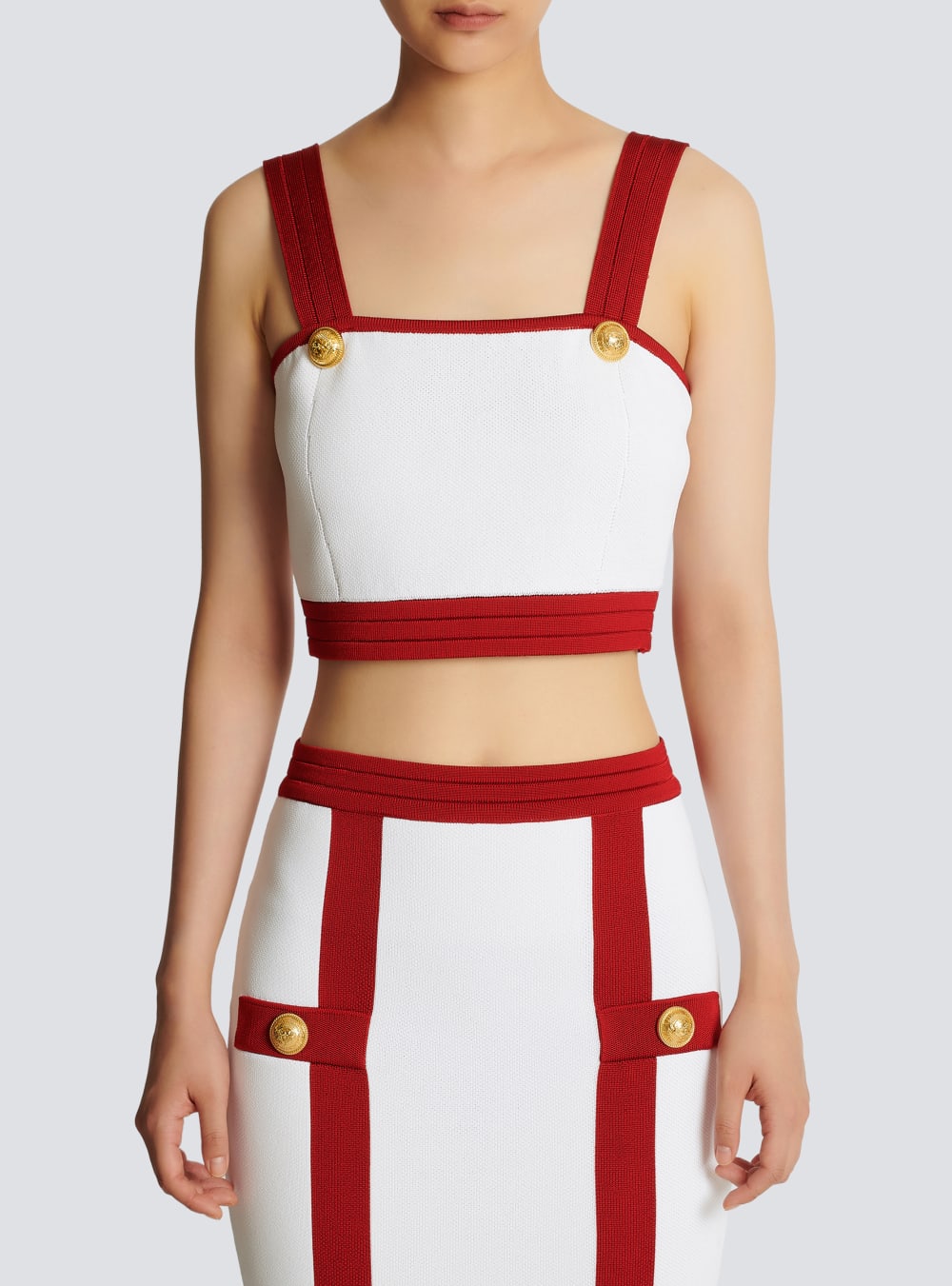 Women's Balmain Knit Crop With Gold-tone Buttons Tops Red | USA ilTohp4K