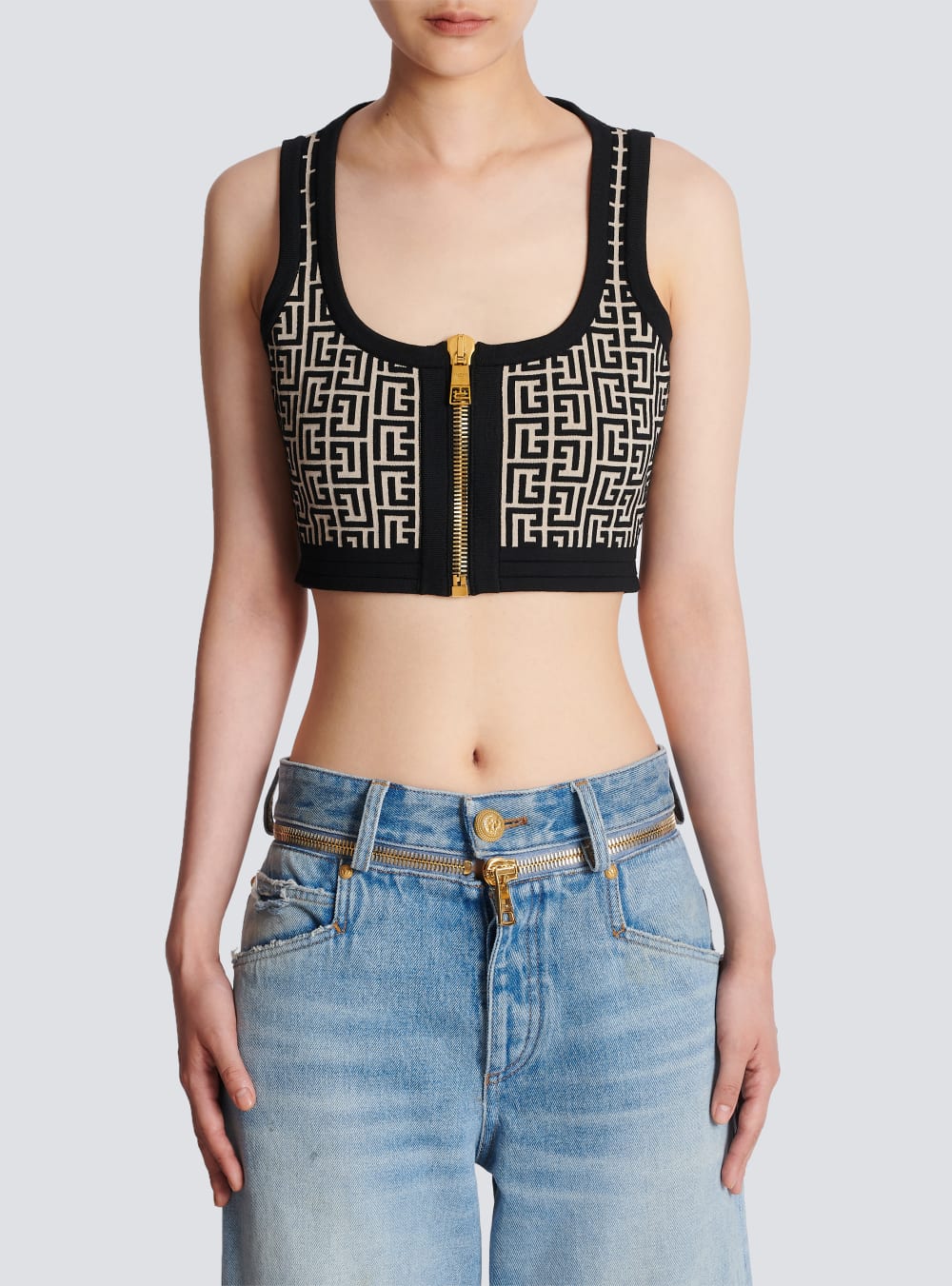 Women's Balmain Knit Crop With Monogram Tops Black | USA vk8BLHN7