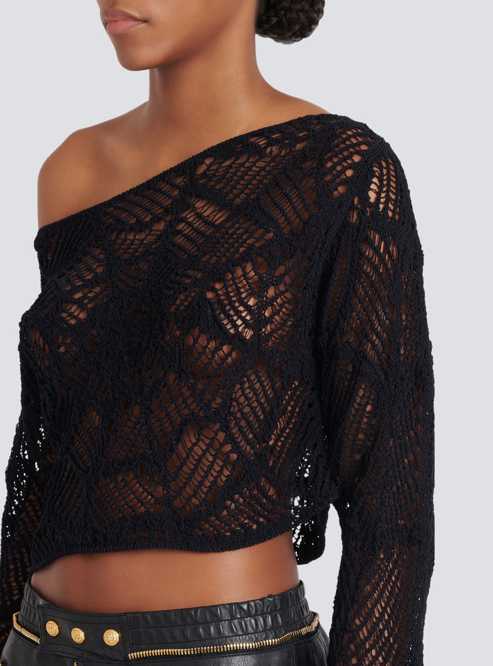 Women's Balmain Knit Off-the-shoulder Crop Tops Black | USA lNJ4HhfL