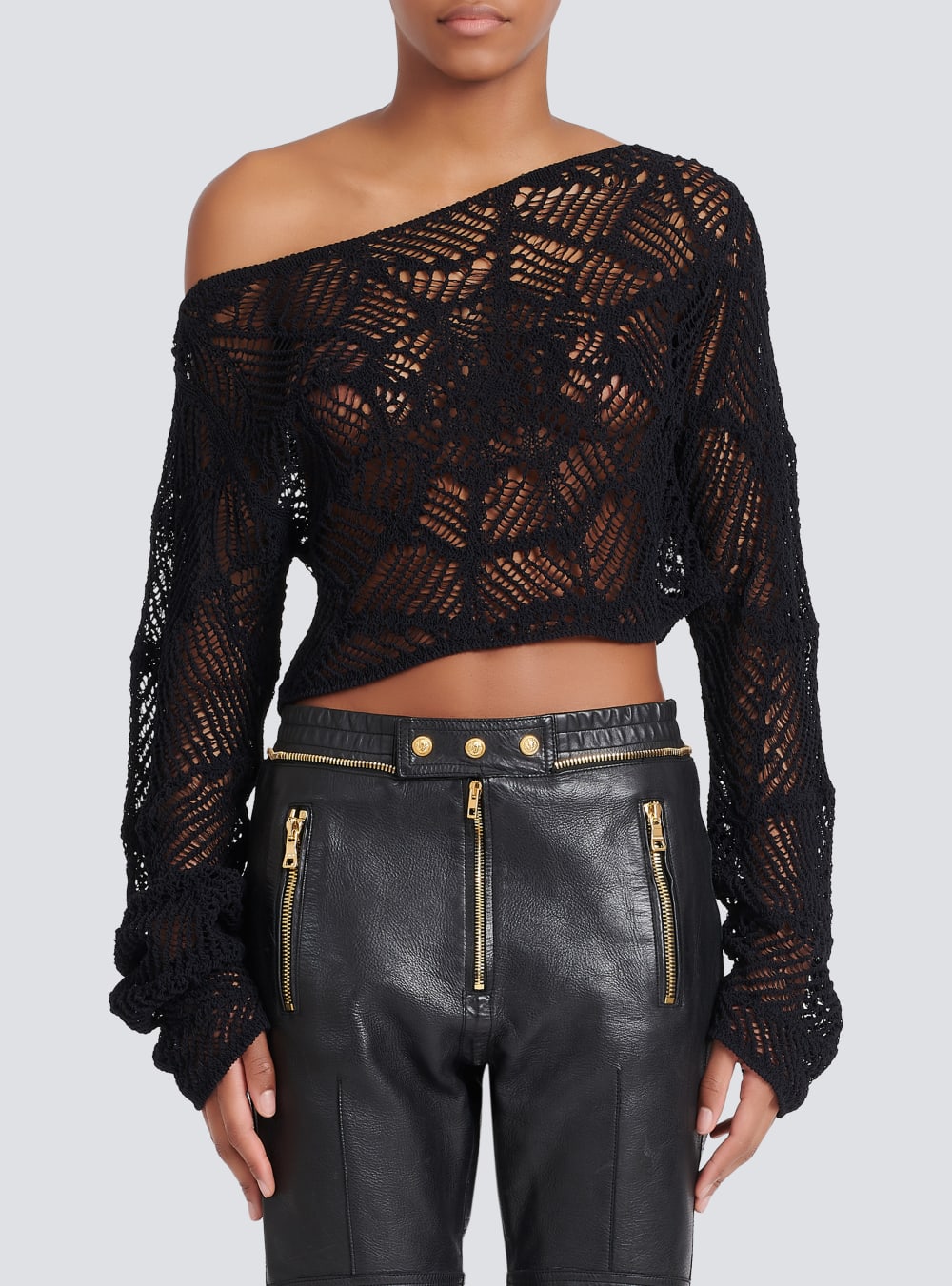 Women's Balmain Knit Off-the-shoulder Crop Tops Black | USA lNJ4HhfL