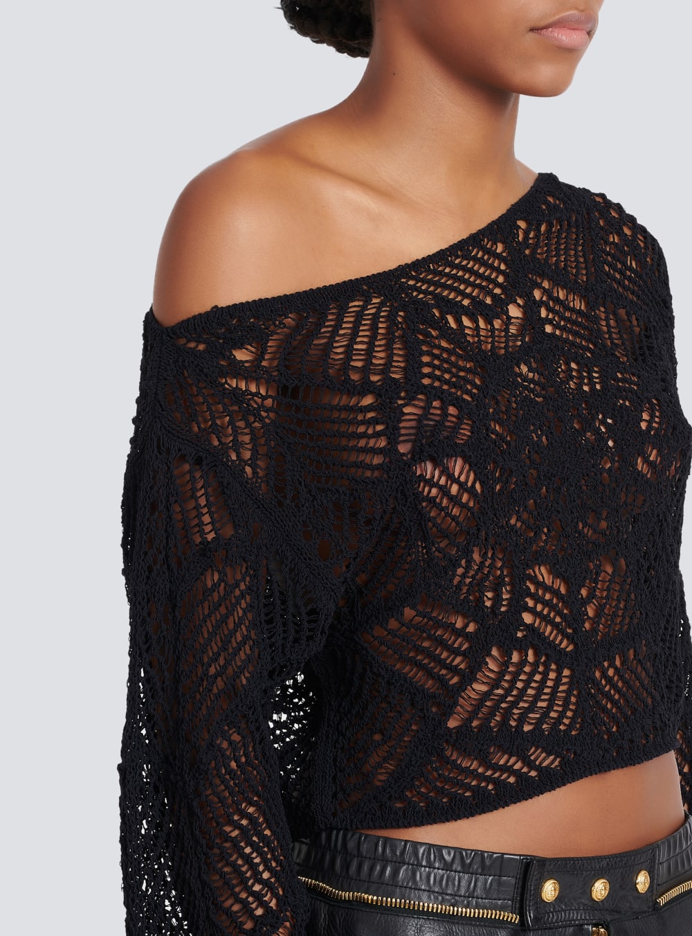 Women's Balmain Knit Off-the-shoulder Crop Tops Black | USA lNJ4HhfL