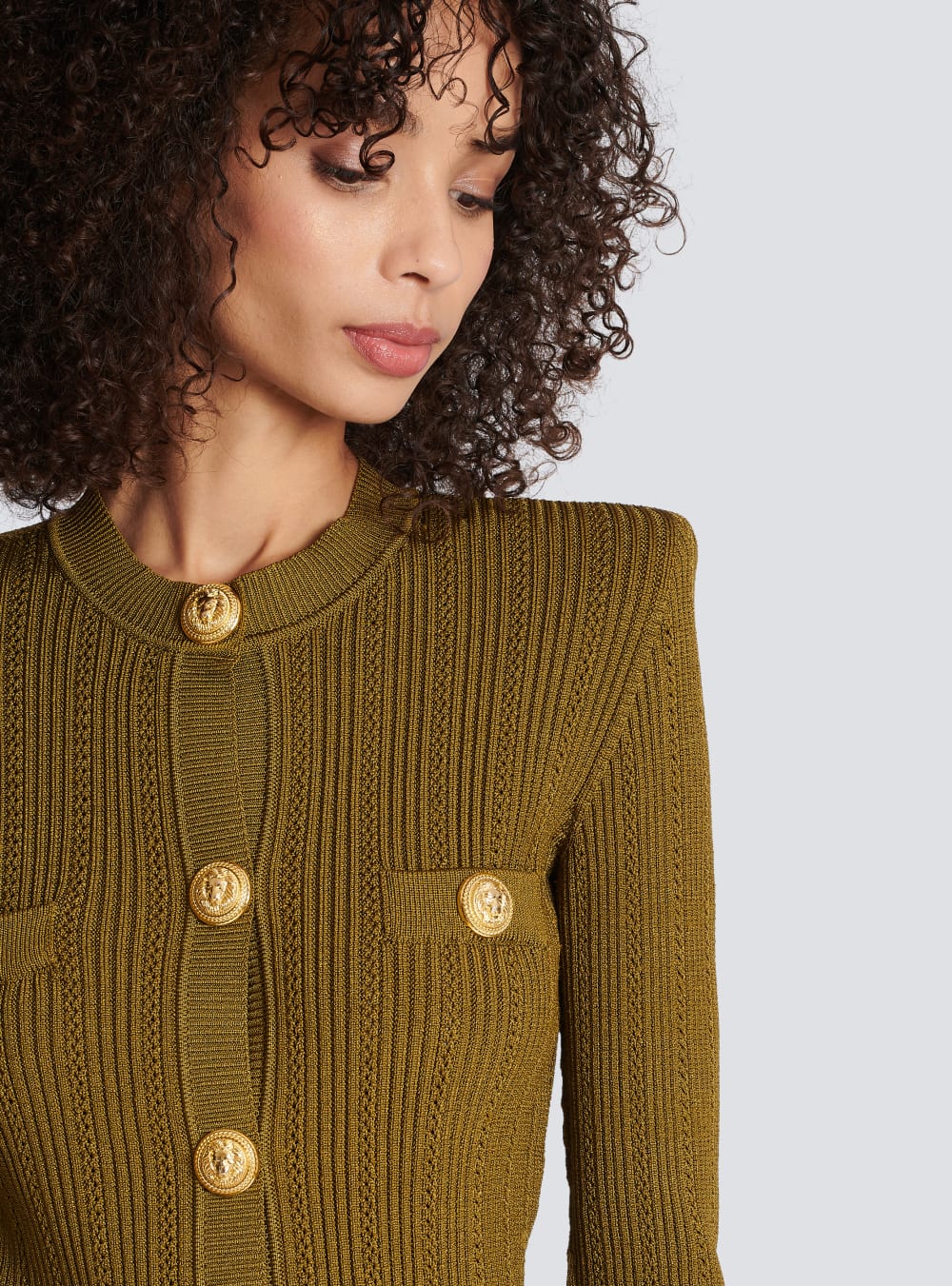 Women's Balmain Knit With Gold Buttons Cardigan Khaki | USA 1FTDYhcL