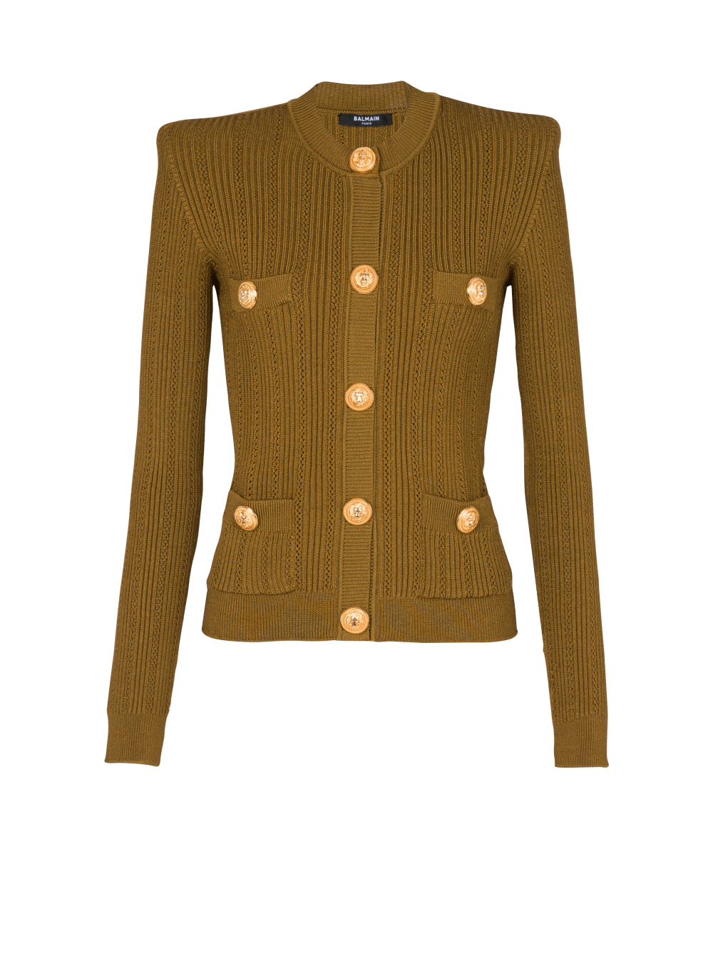 Women\'s Balmain Knit With Gold Buttons Cardigan Khaki | USA 1FTDYhcL