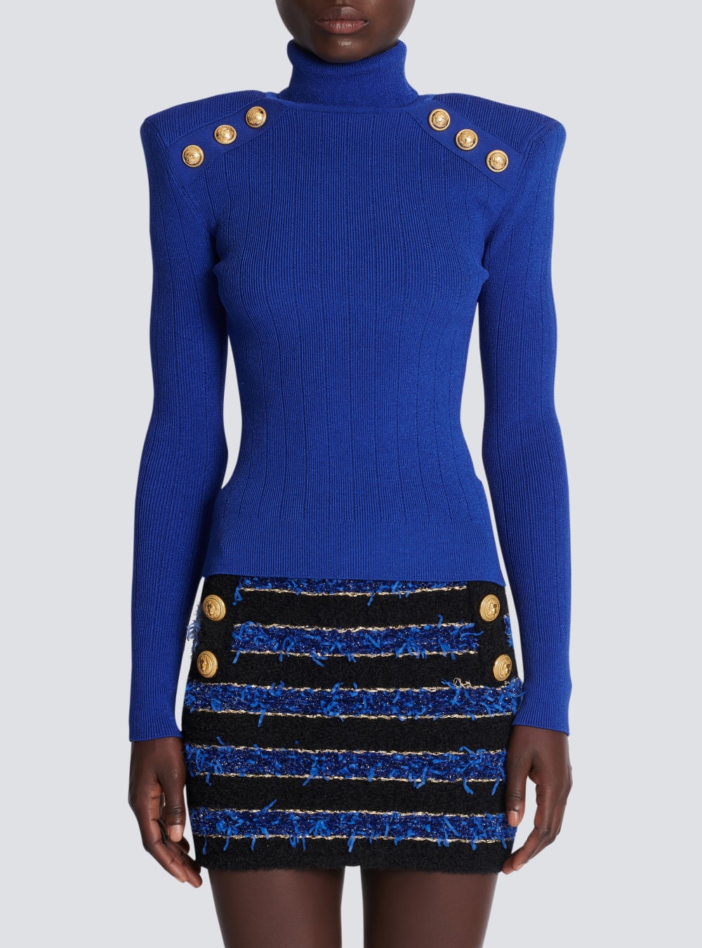 Women's Balmain Knit With Gold Buttons Jumpers Blue | USA LF6C6Mq6