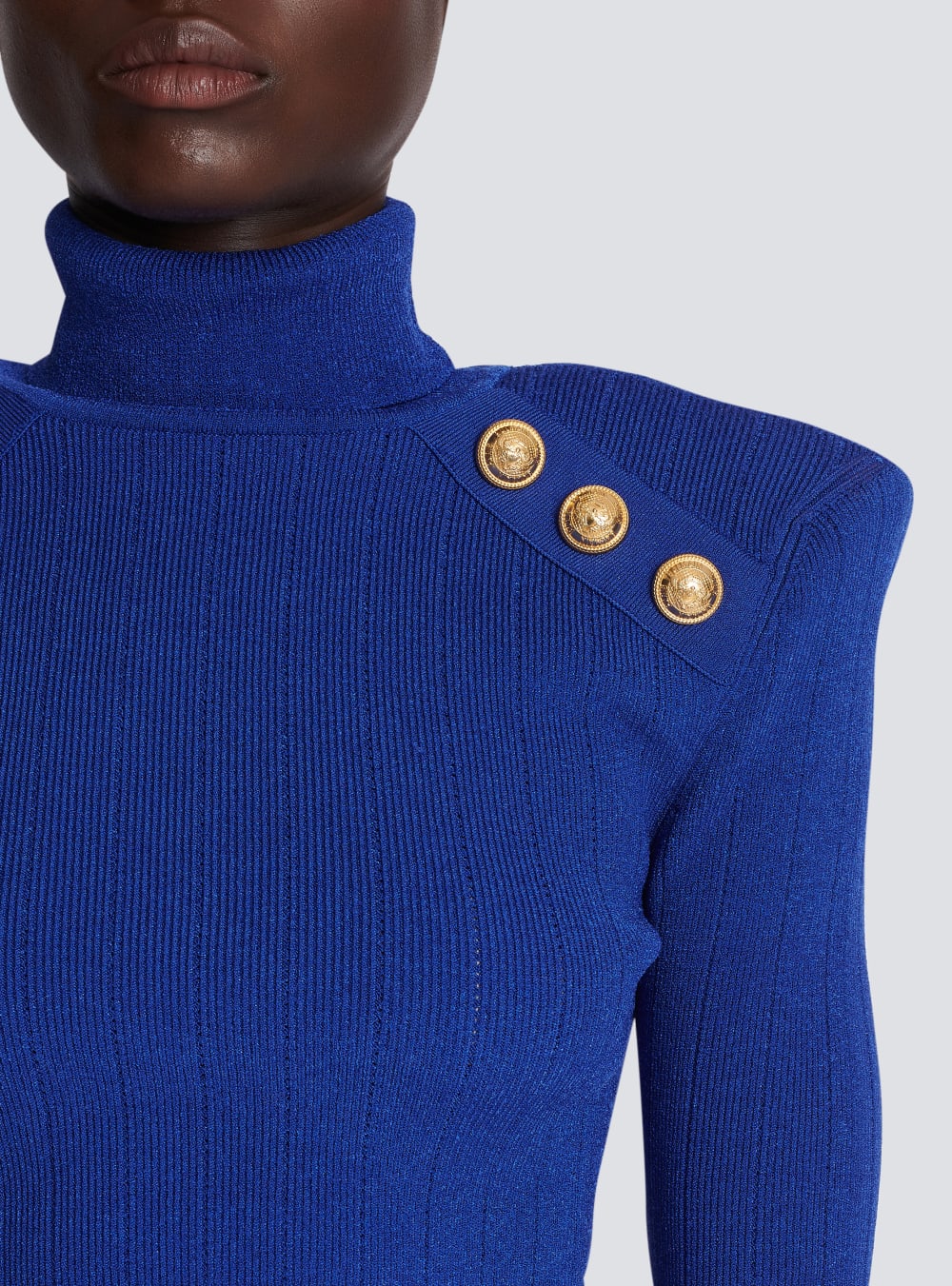 Women's Balmain Knit With Gold Buttons Jumpers Blue | USA LF6C6Mq6