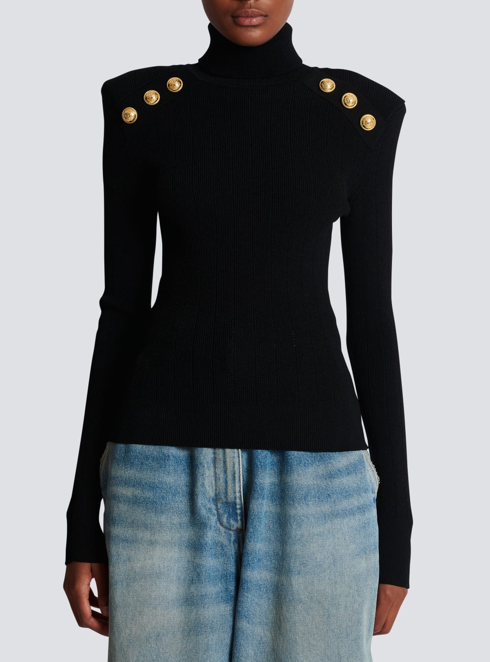 Women's Balmain Knit With Gold Buttons Jumpers Black | USA bcwZbeil