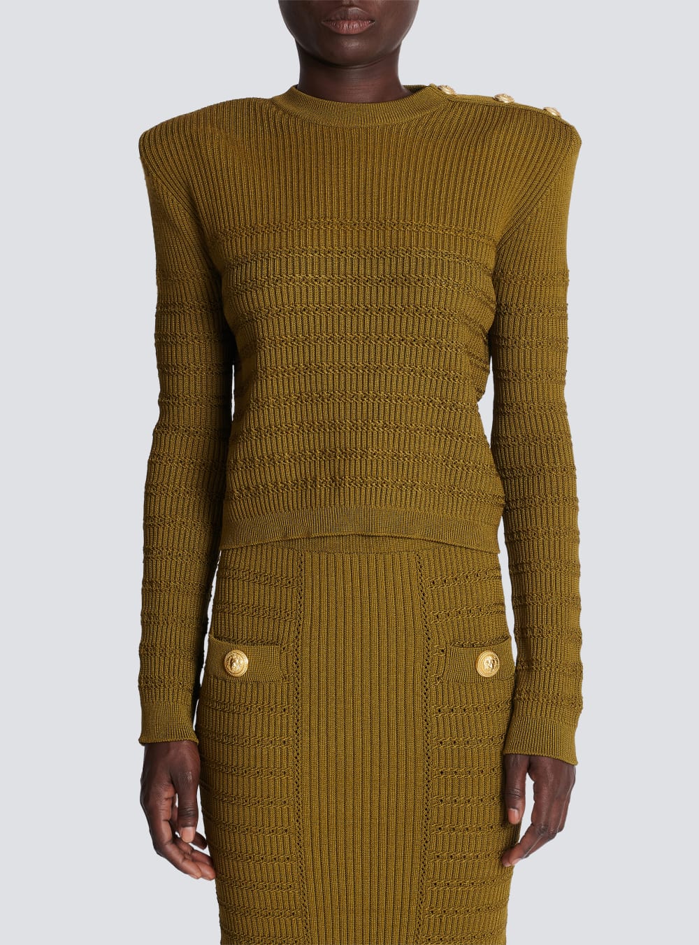 Women's Balmain Knit With Gold Buttons Jumpers Khaki | USA lWtSbCP6