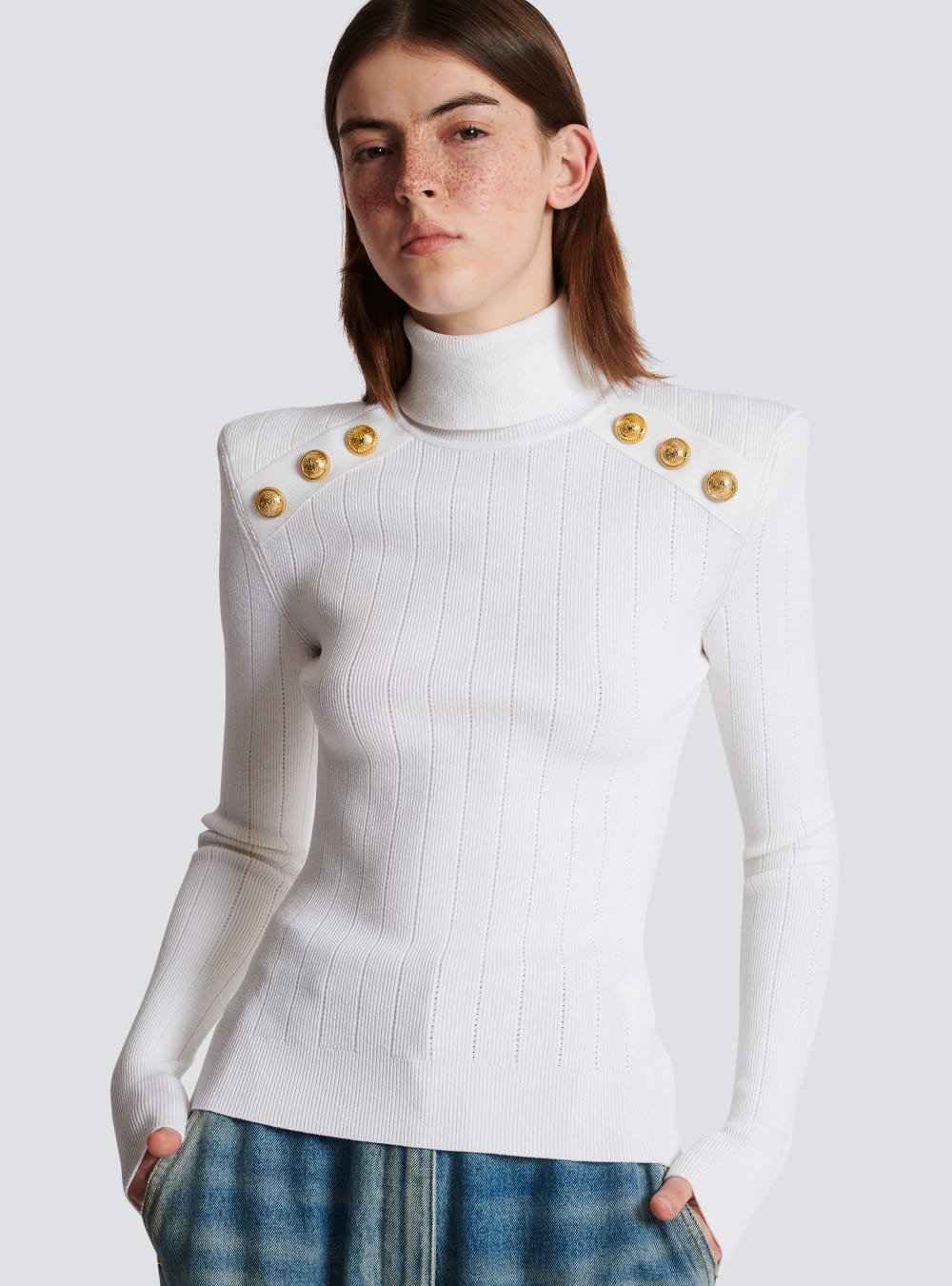 Women's Balmain Knit With Gold-tone Buttons Jumpers White | USA AaltmbVj