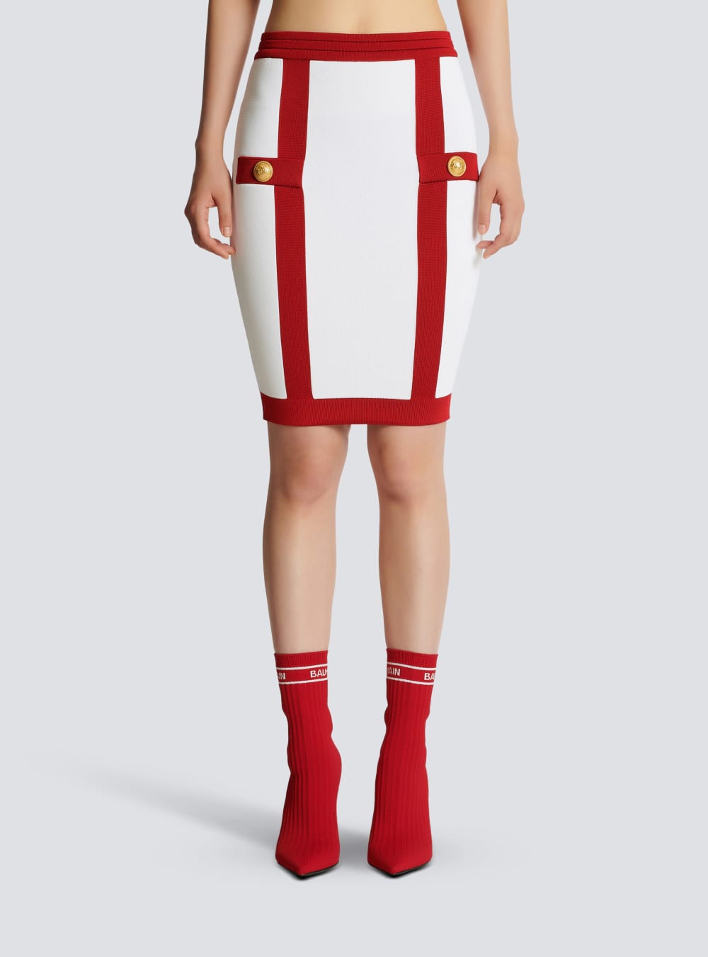 Women's Balmain Knit With Gold-tone Buttons Skirts Red | USA goYZQ5GC