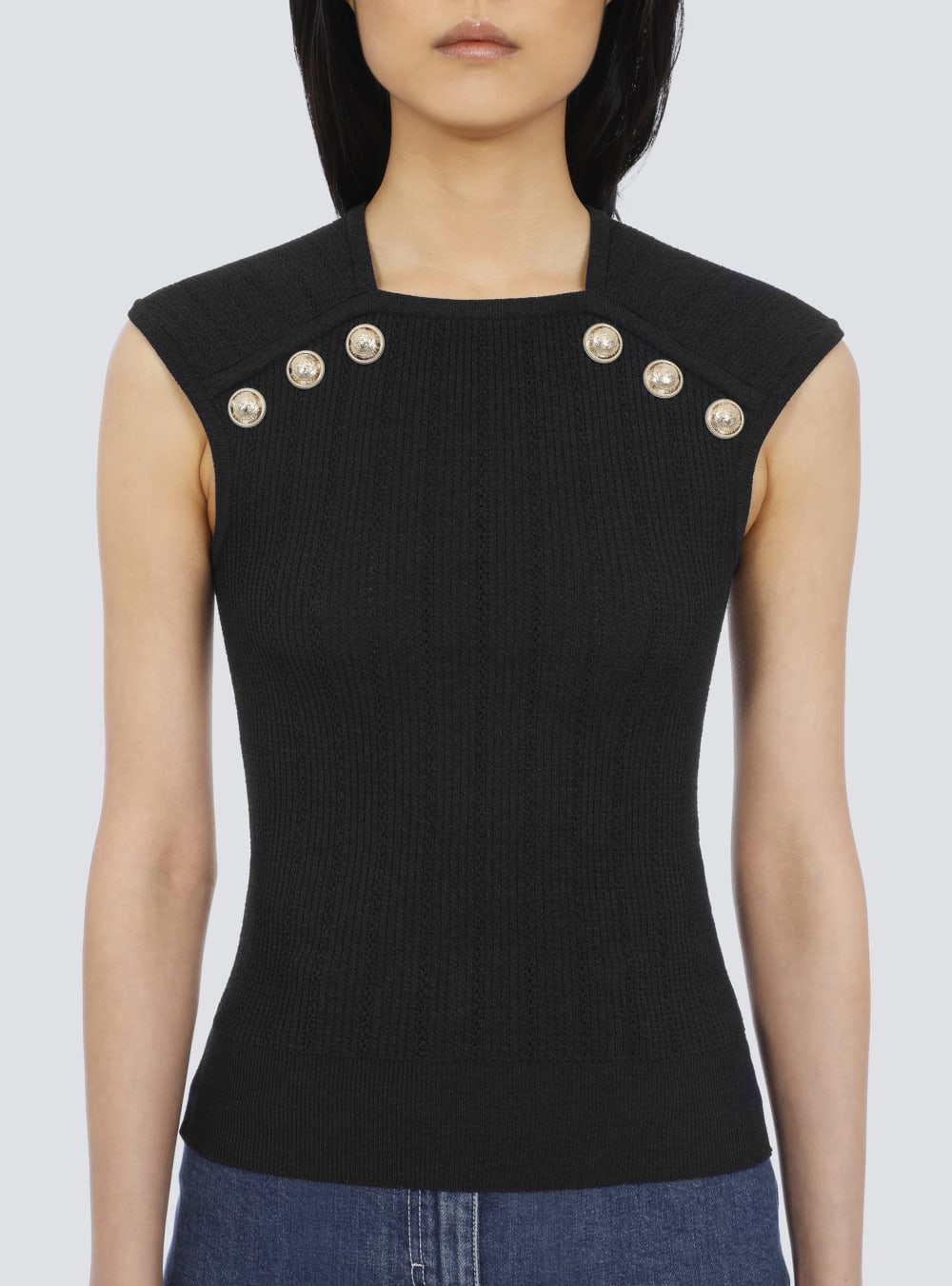 Women's Balmain Knit With Gold-tone Buttons Tops Black | USA ql6oAD9H