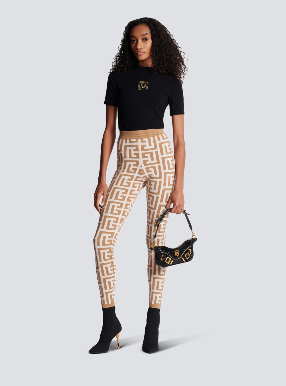 Women's Balmain Knitted With Maxi Monogram Leggings Beige | USA FfBeiHfZ