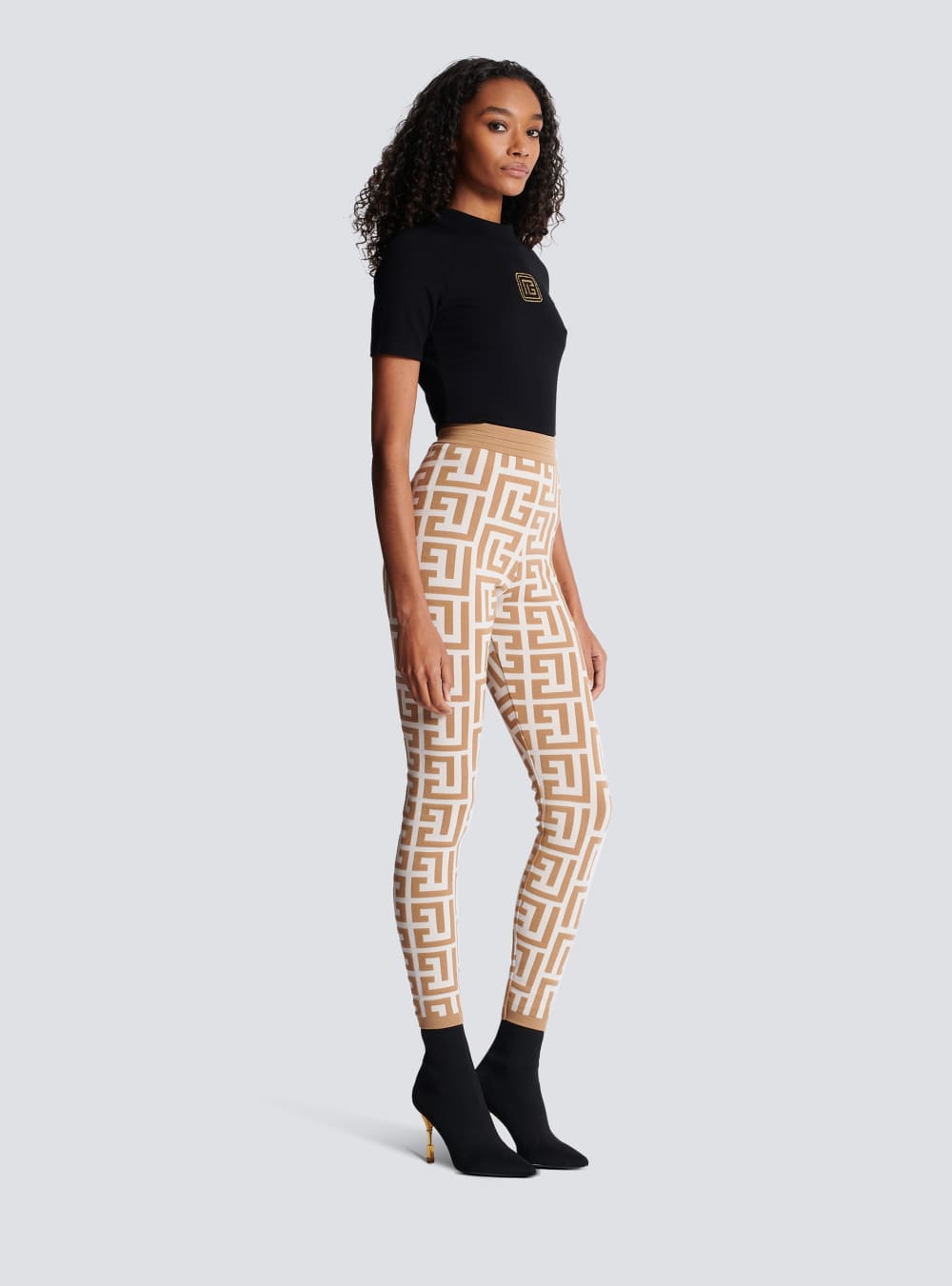 Women's Balmain Knitted With Maxi Monogram Leggings Beige | USA FfBeiHfZ