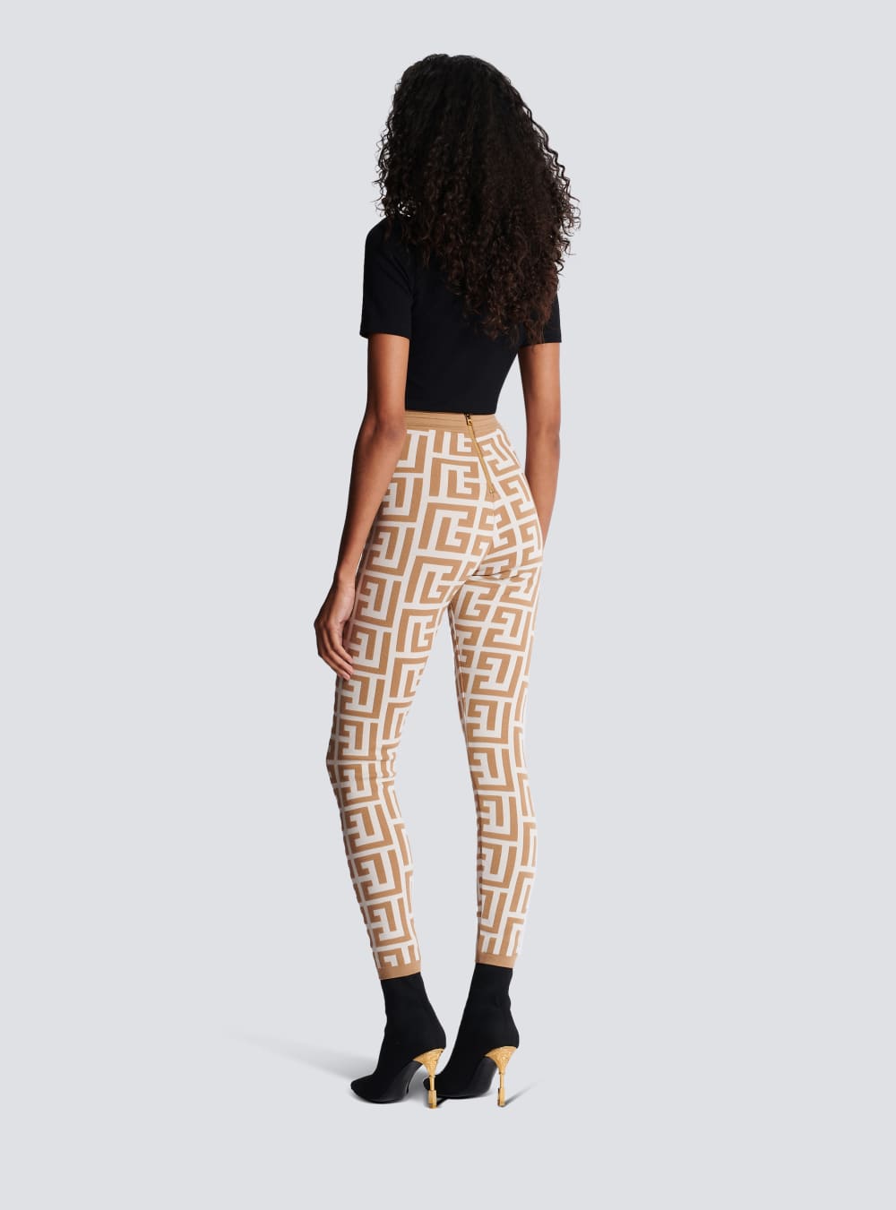 Women's Balmain Knitted With Maxi Monogram Leggings Beige | USA FfBeiHfZ