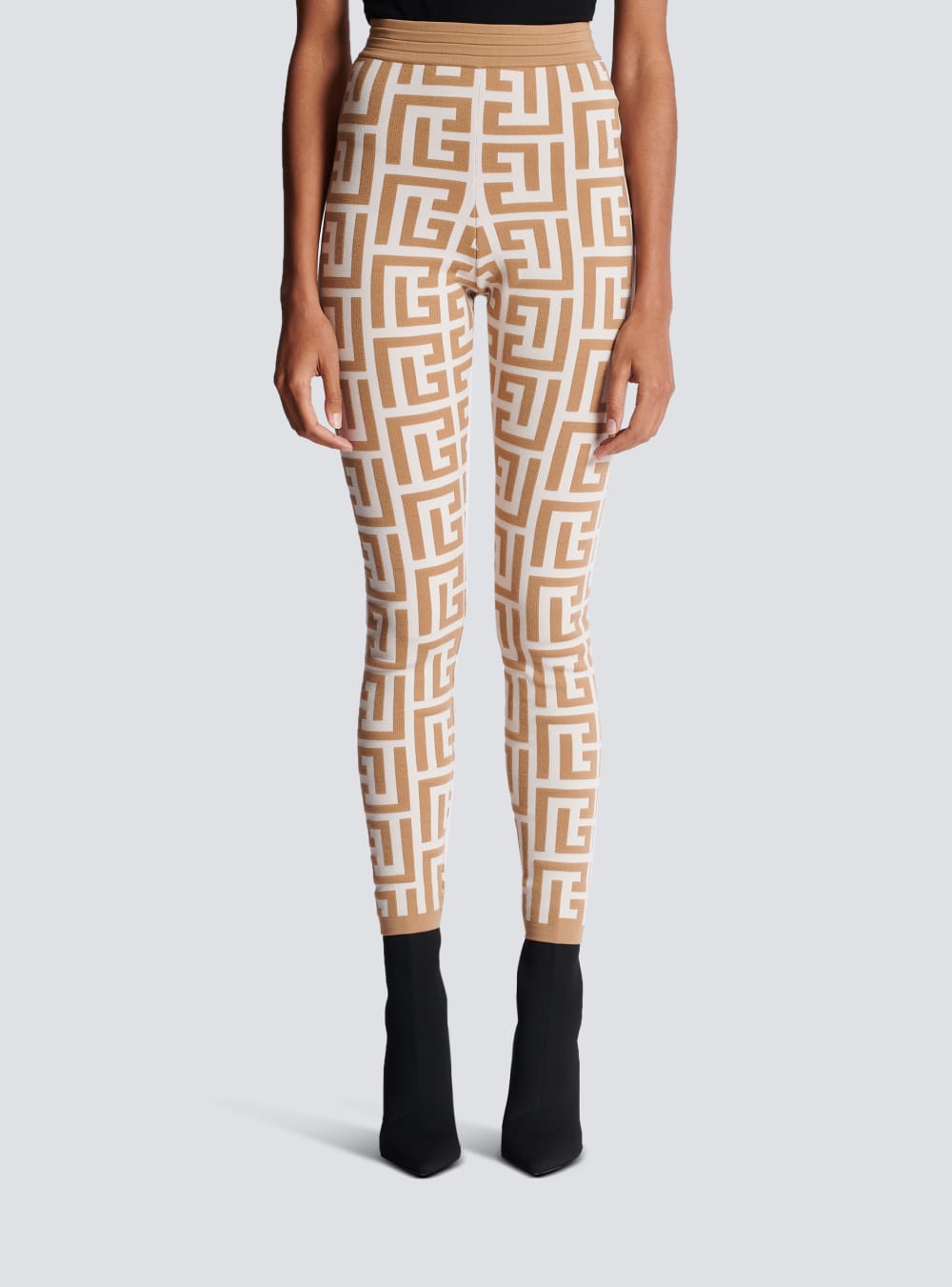 Women's Balmain Knitted With Maxi Monogram Leggings Beige | USA FfBeiHfZ