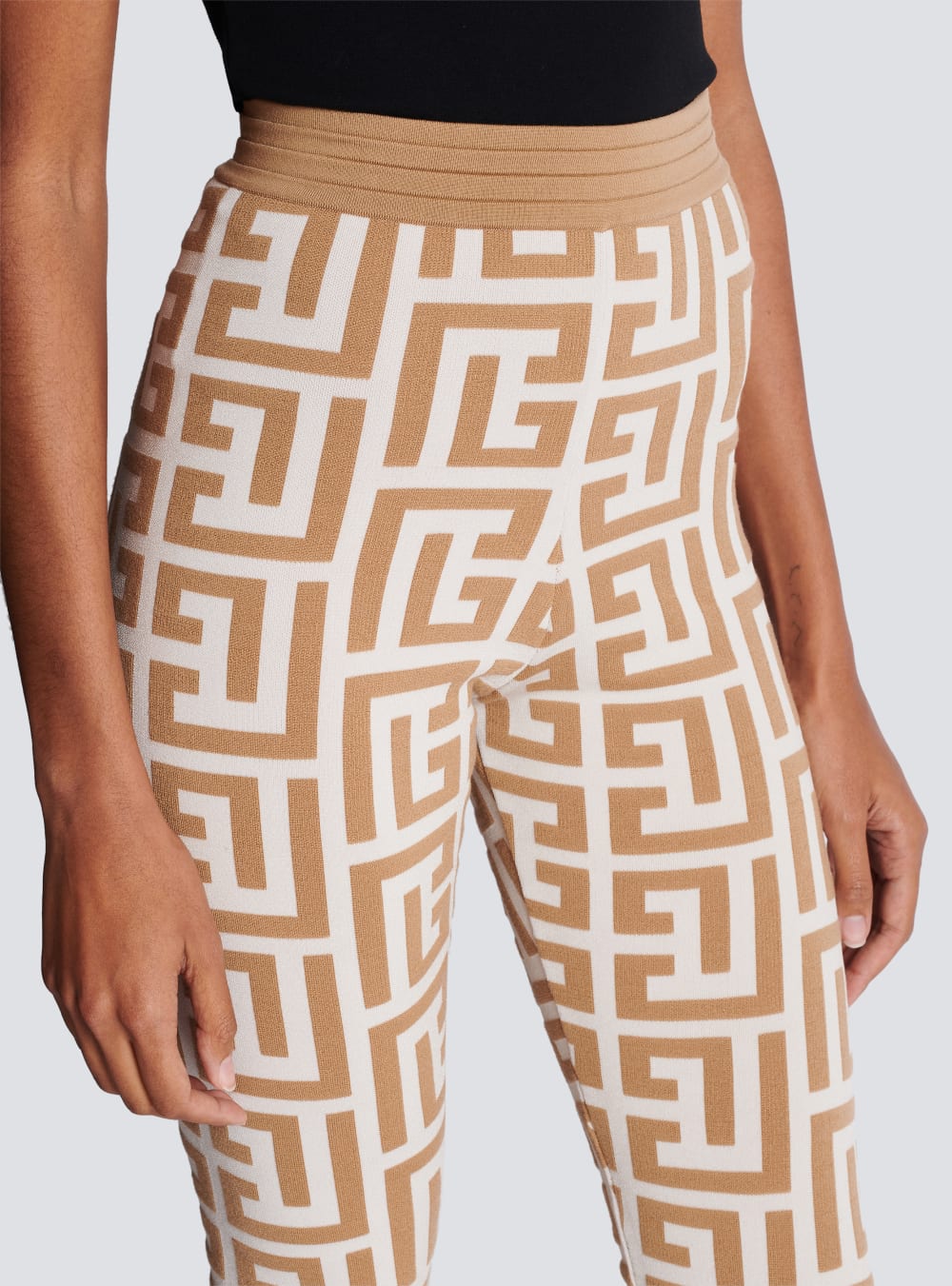 Women's Balmain Knitted With Maxi Monogram Leggings Beige | USA FfBeiHfZ