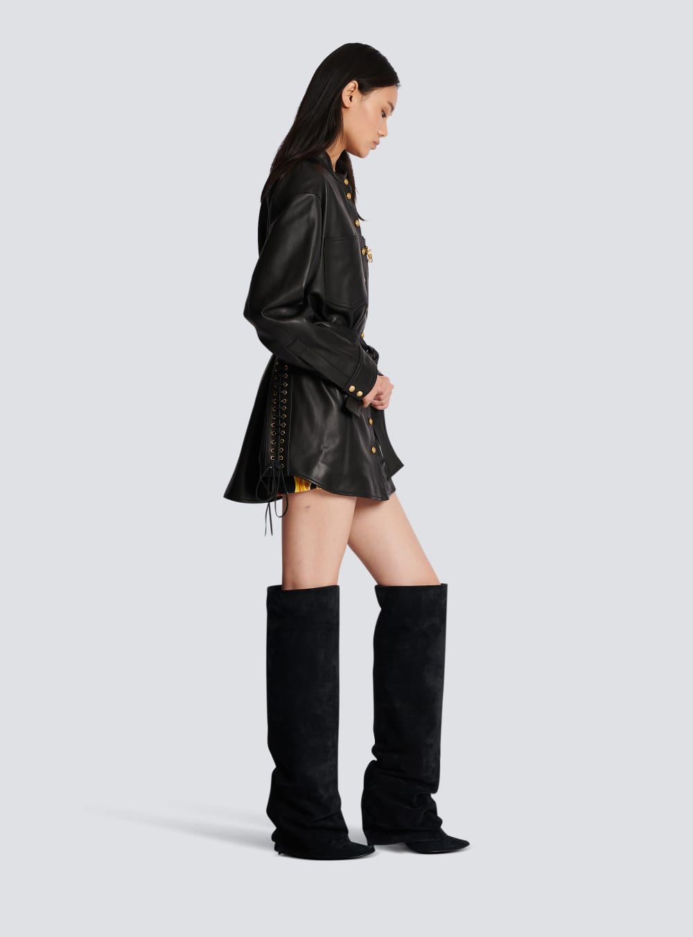 Women's Balmain Leather With Lace-up Details Shirts Black | USA 1SzEiMQQ