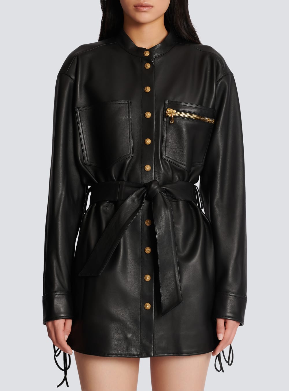 Women's Balmain Leather With Lace-up Details Shirts Black | USA 1SzEiMQQ