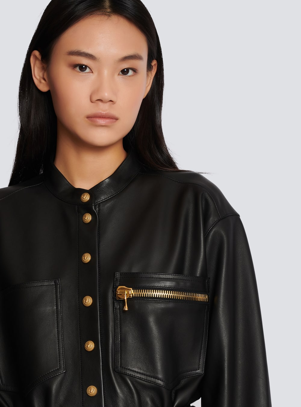 Women's Balmain Leather With Lace-up Details Shirts Black | USA 1SzEiMQQ