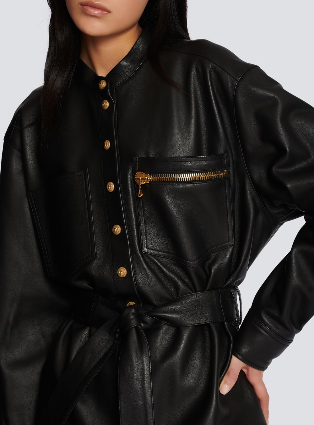 Women's Balmain Leather With Lace-up Details Shirts Black | USA 1SzEiMQQ