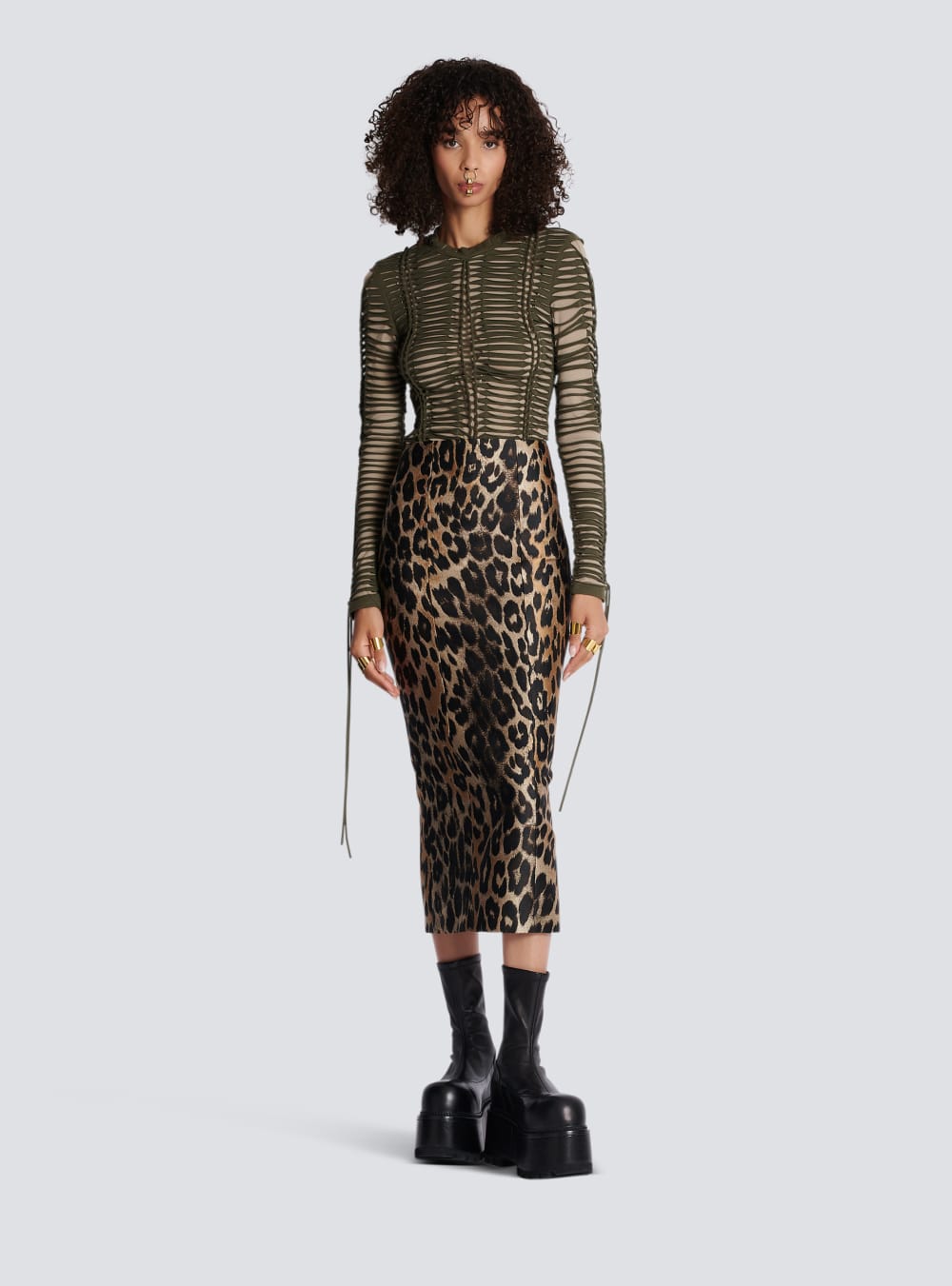 Women's Balmain Leopard Jacquard Pencil Skirts Brown | USA Wj5IfkCU