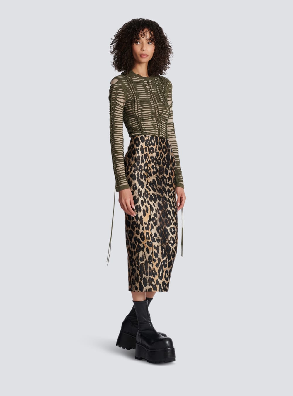 Women's Balmain Leopard Jacquard Pencil Skirts Brown | USA Wj5IfkCU