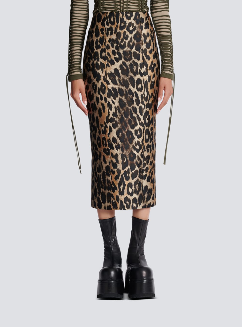 Women's Balmain Leopard Jacquard Pencil Skirts Brown | USA Wj5IfkCU